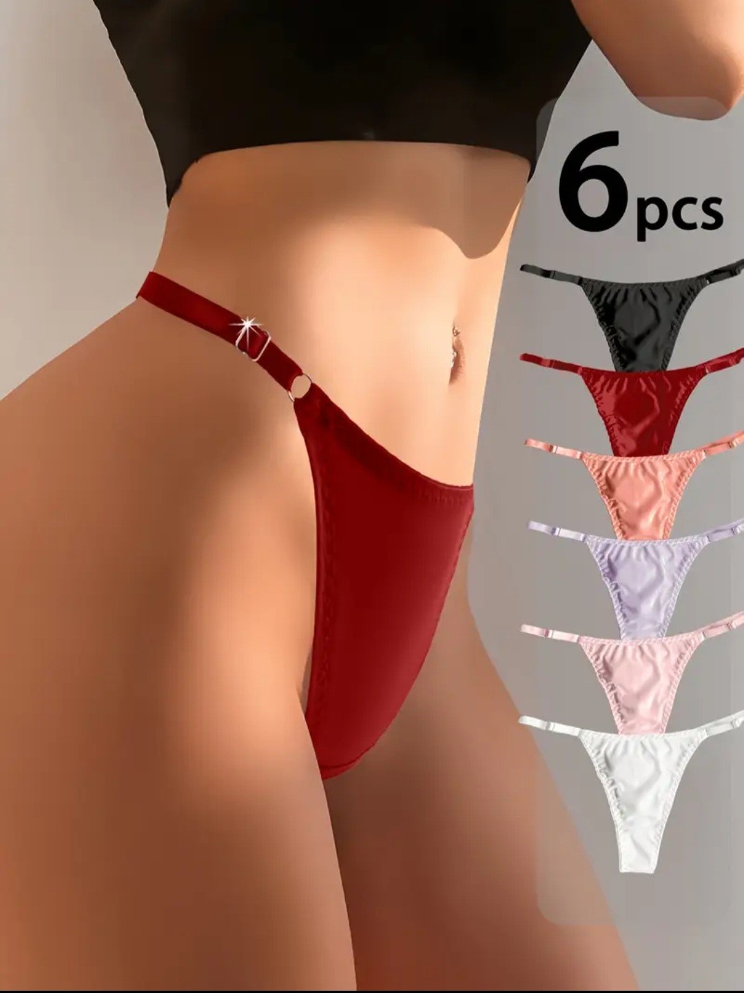 6 Pcs Satin Silky Luxe Thongs G String Women’s S M L Black Beige Red White Pink