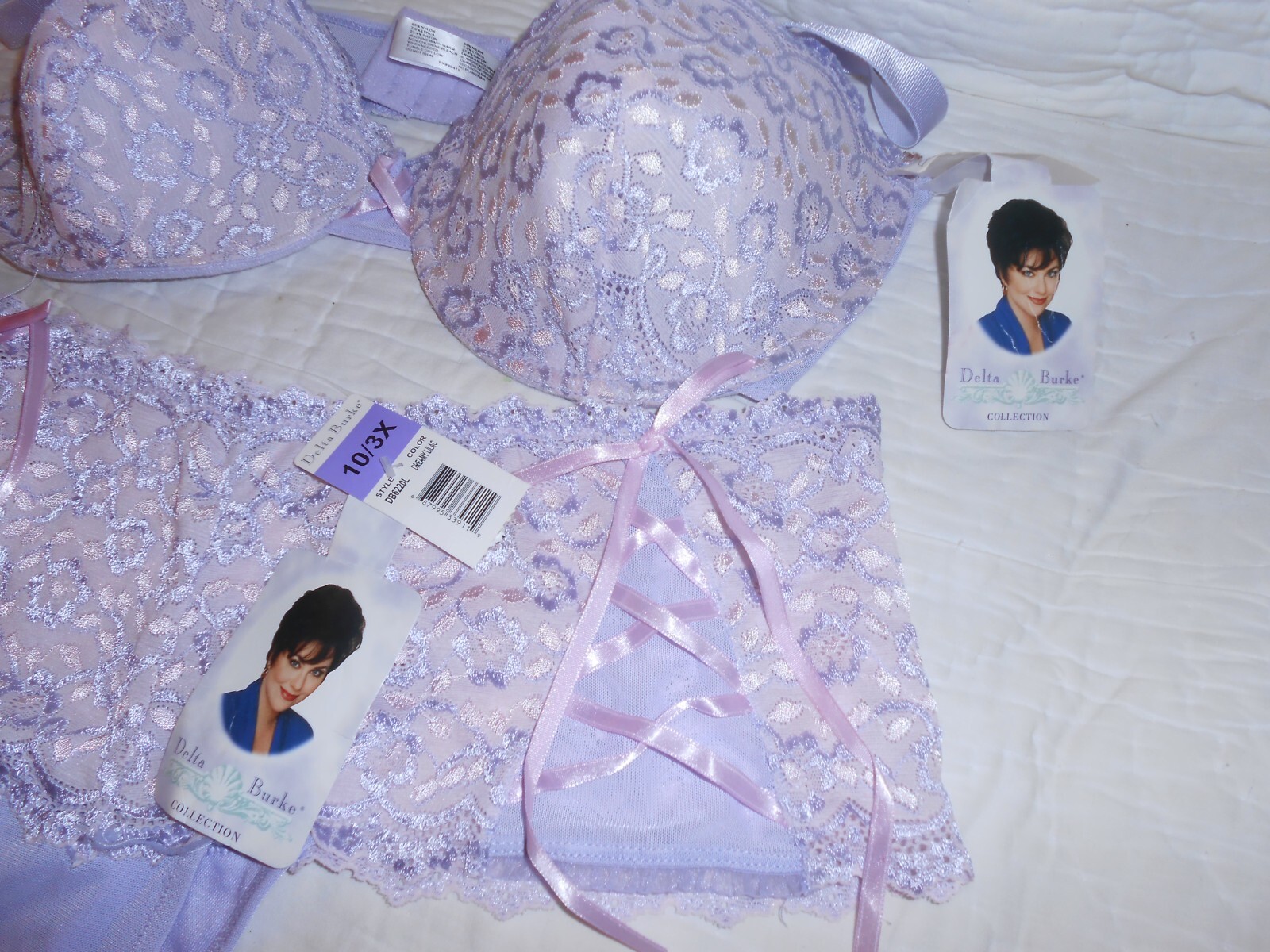 Brand New with Tags DELTA BURKE Dreamy Lilac Lace Bra & Panties Set 40D & 10 3X