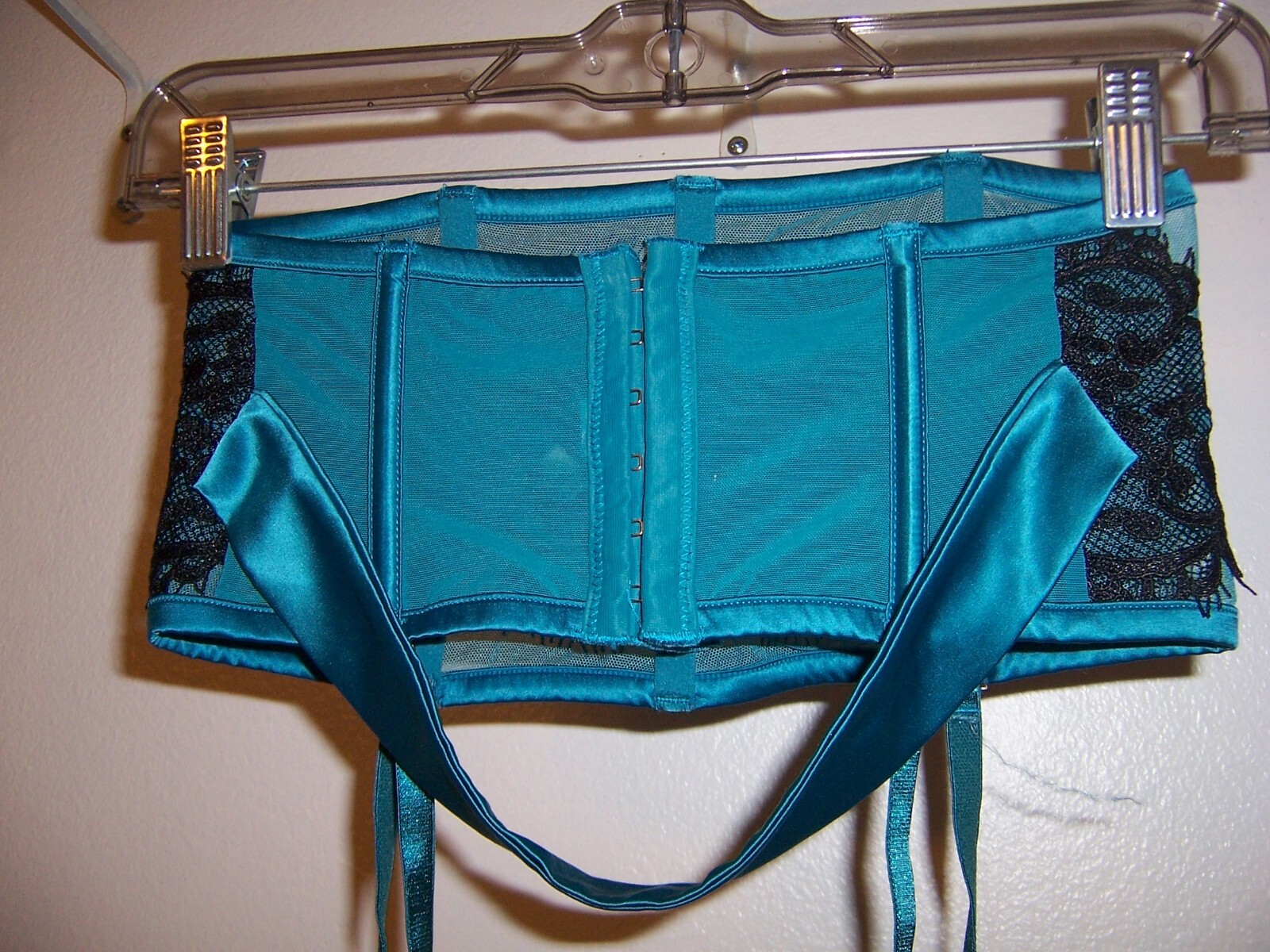 PLAYFUL PROMISES TEAL BLUE AND BLACK LACE GARTER BELT SIZE SMALL