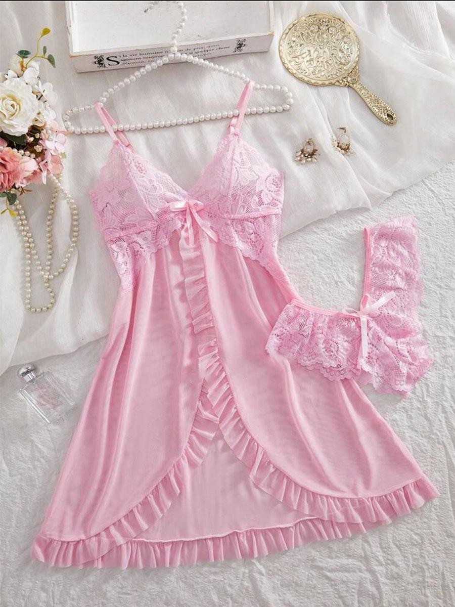 Women Sexy Sleepwear Set V Neck Nightdress Bra Panty Pajamas Lingerie