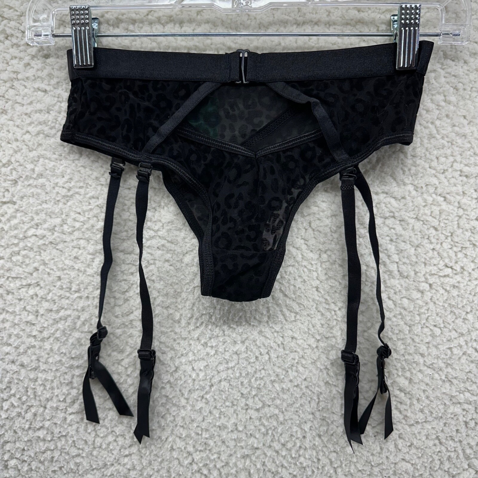 Frederick’s of Hollywood Black Animal Print Lace Underwear Garter Belt Straps S