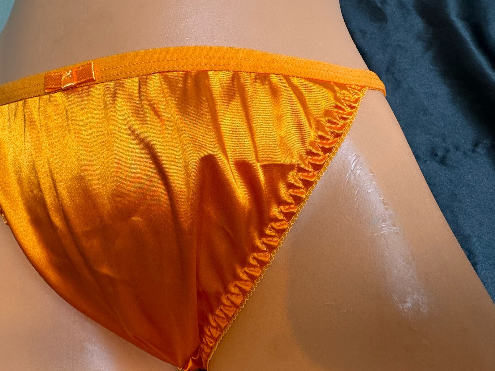 Bright Fall Orange Satin String Bikini Panties Delicate Lace Back Sz Medium
