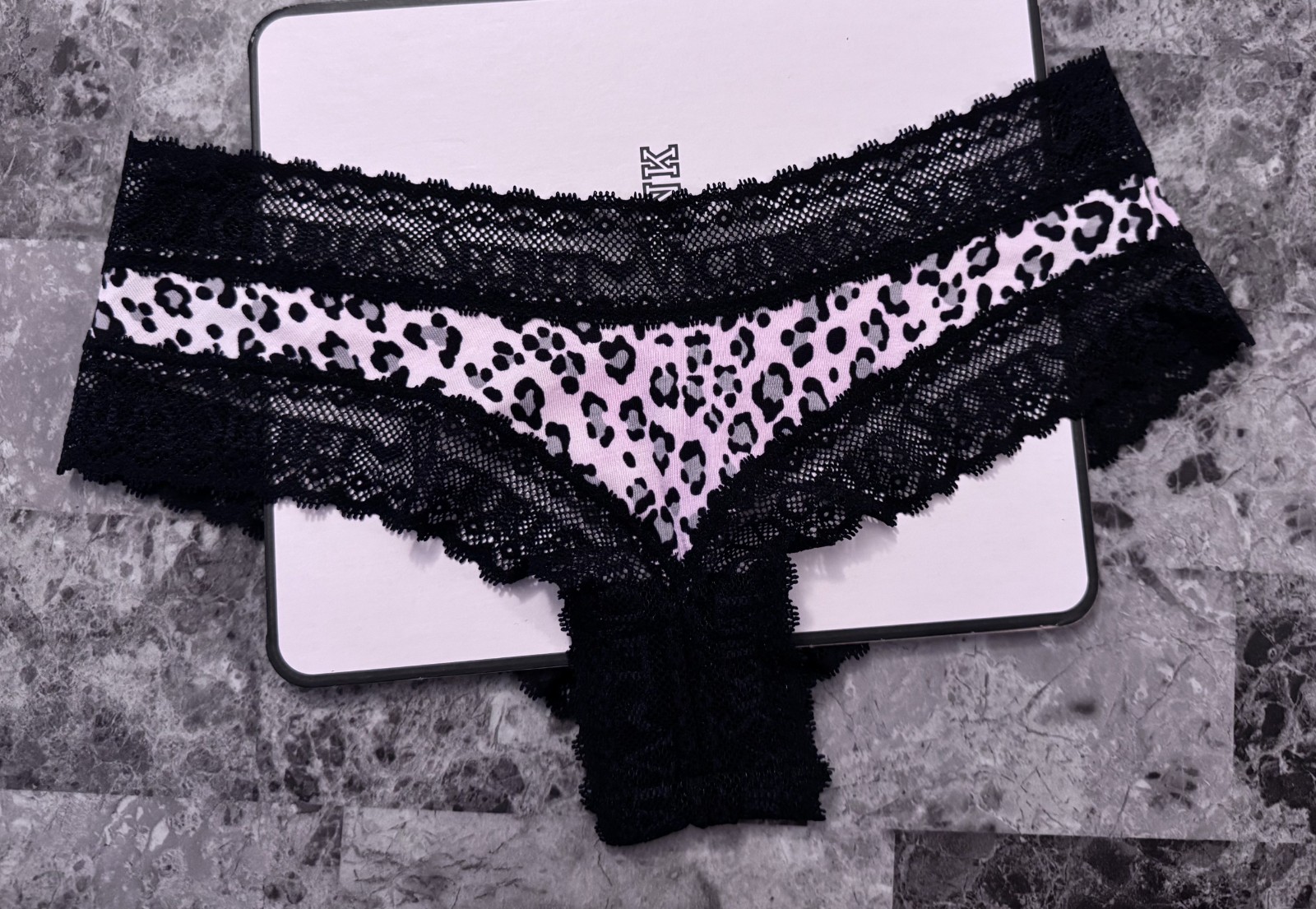 NWT VICTORIA’S SECRET XS PINK GRAY BLACK LEOPARD LOGO LACE RARE CHEEKY PANTIES