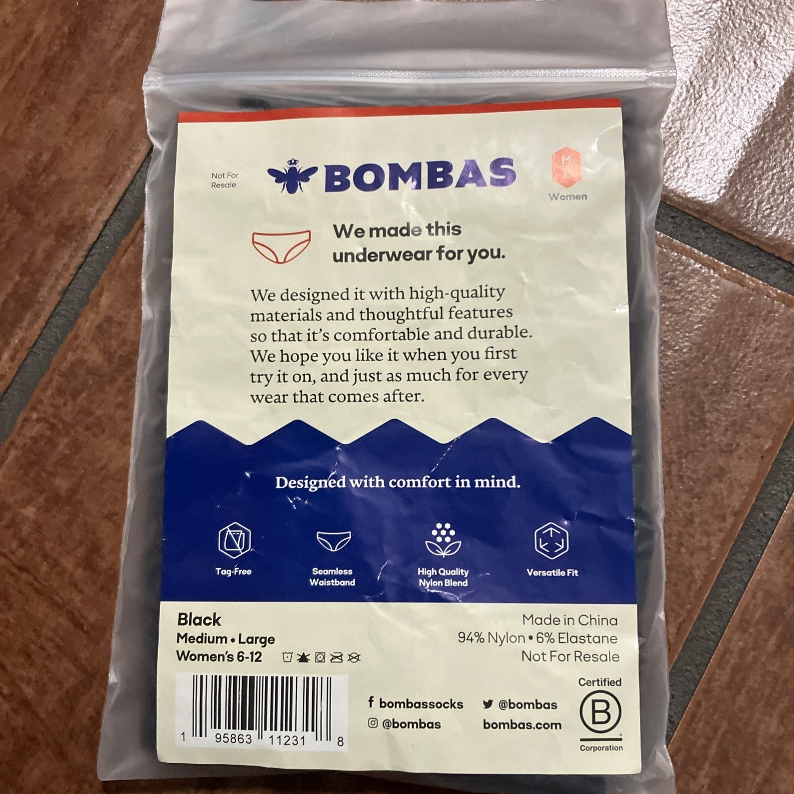 Bombas Women’s black Seamless Hipster Underwear Size M Single Pack