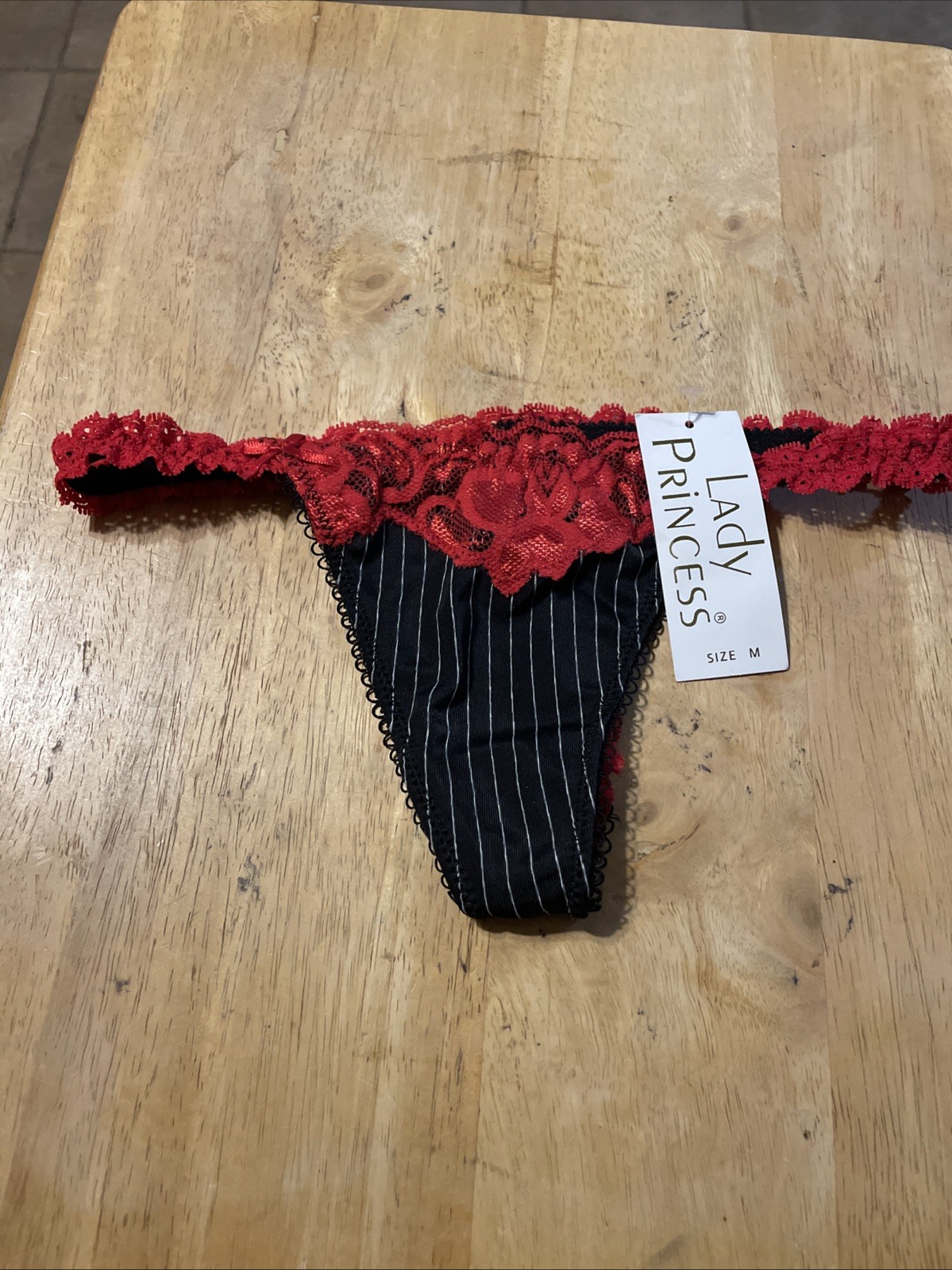NWT Black pinstripe thong panty red lace trim by Lady Princess in size Medium