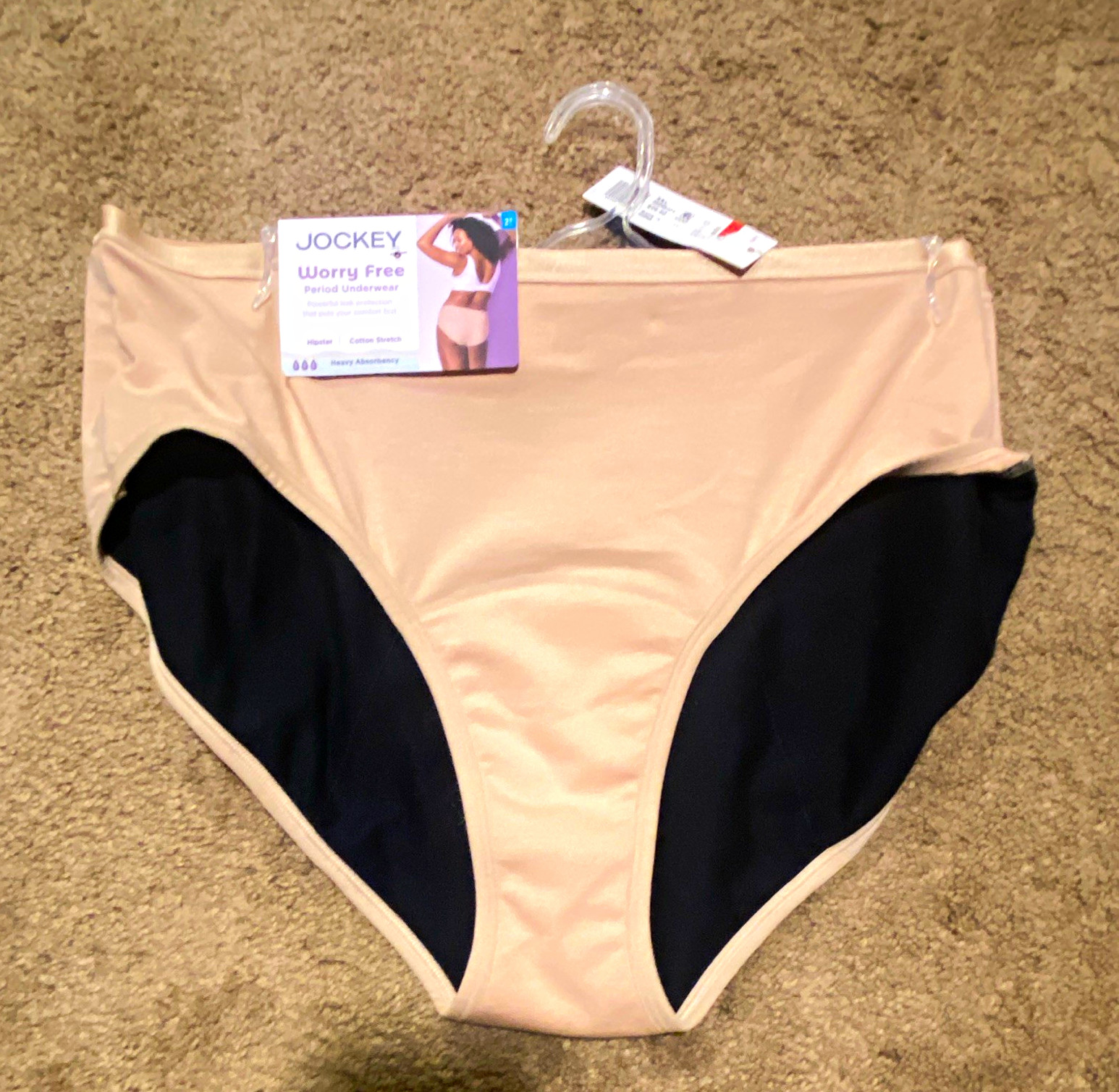 Jockey Worry Free Period Hipster Panties Heavy Absorbency 2X Beige/Black