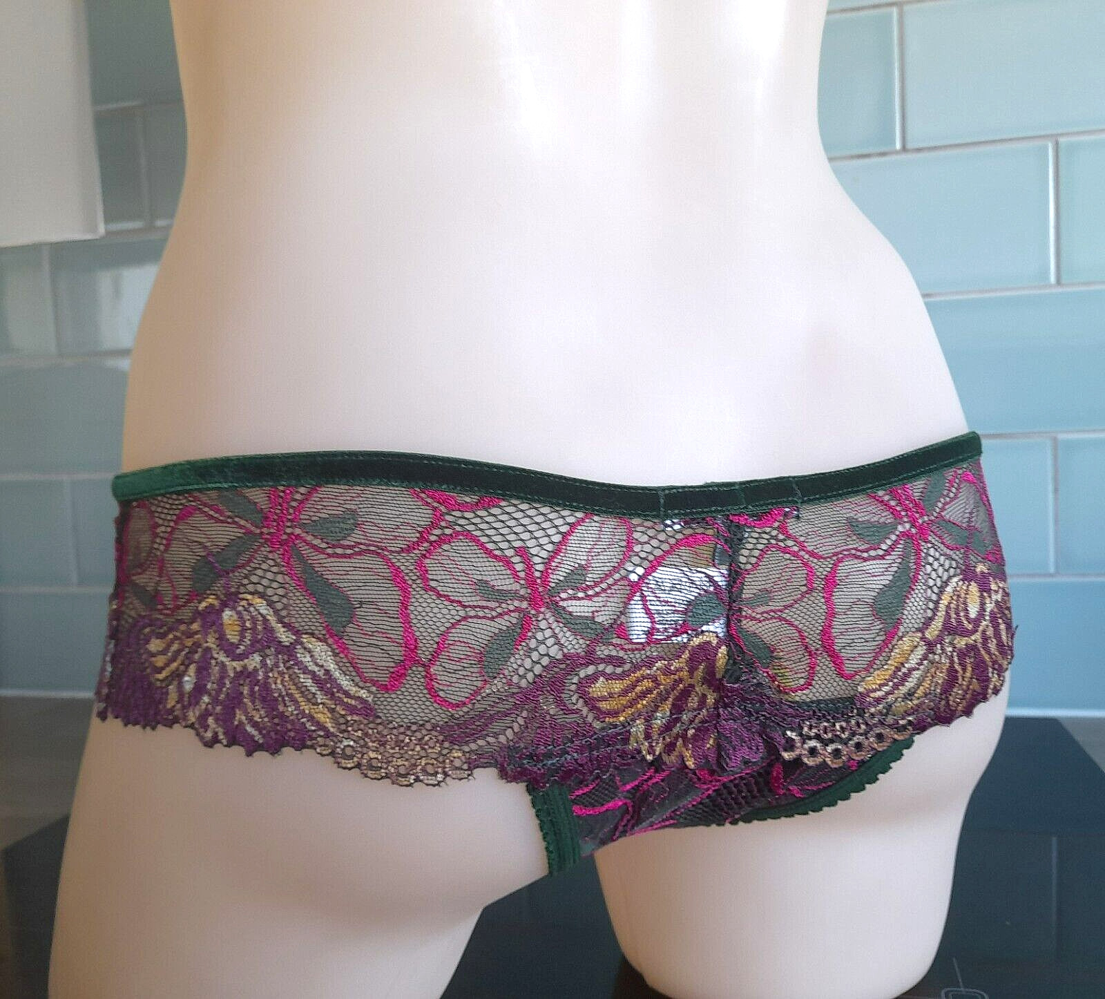 Antonia Ghazlan Green/Pink/Yellow Floral Lace Hipster Shorts
