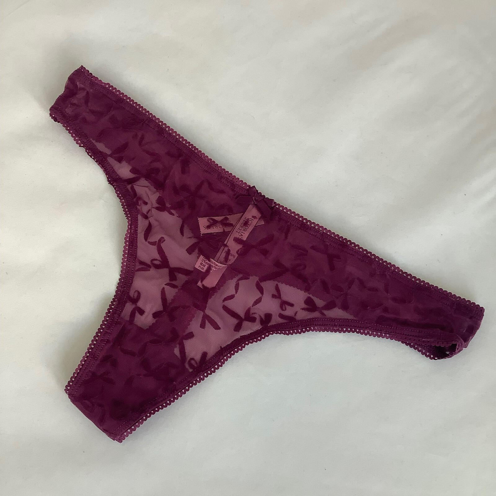 Victoria’s Secret Dark Purple Velvet Bow Mesh Thong Panties – Size XL – BNWT