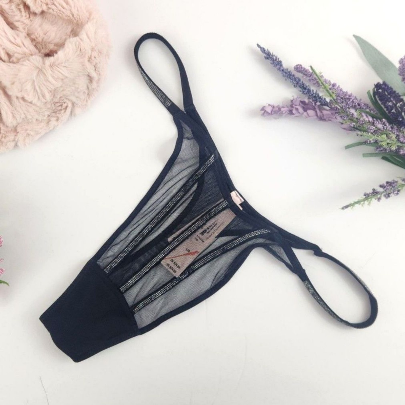 LARGE {Victoria’s Secret} Black {Rhinestones} Mesh Thong