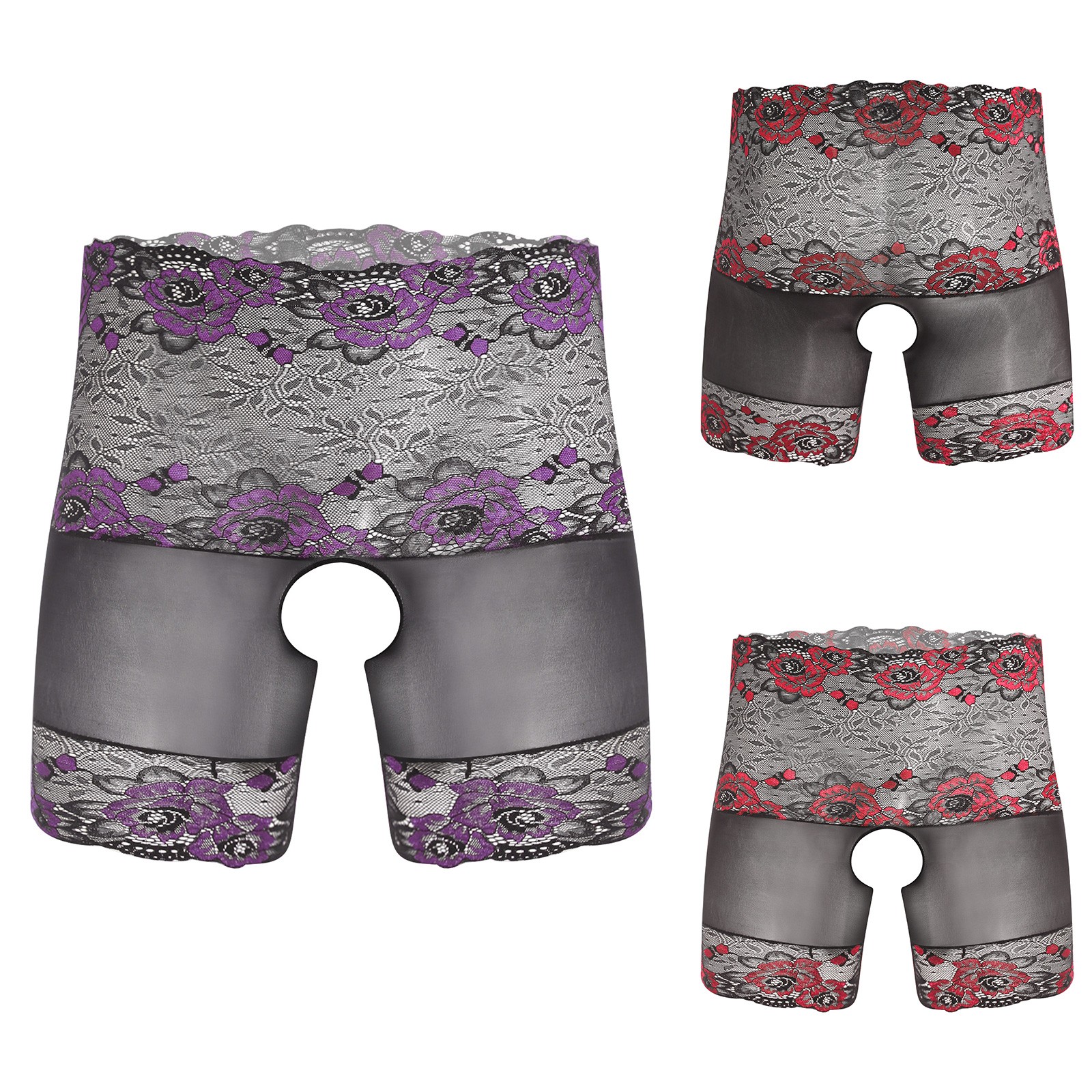 Mens Glossy Sheer Boxer Shorts or Sheath with Opening Floral Lace Trim Underwear