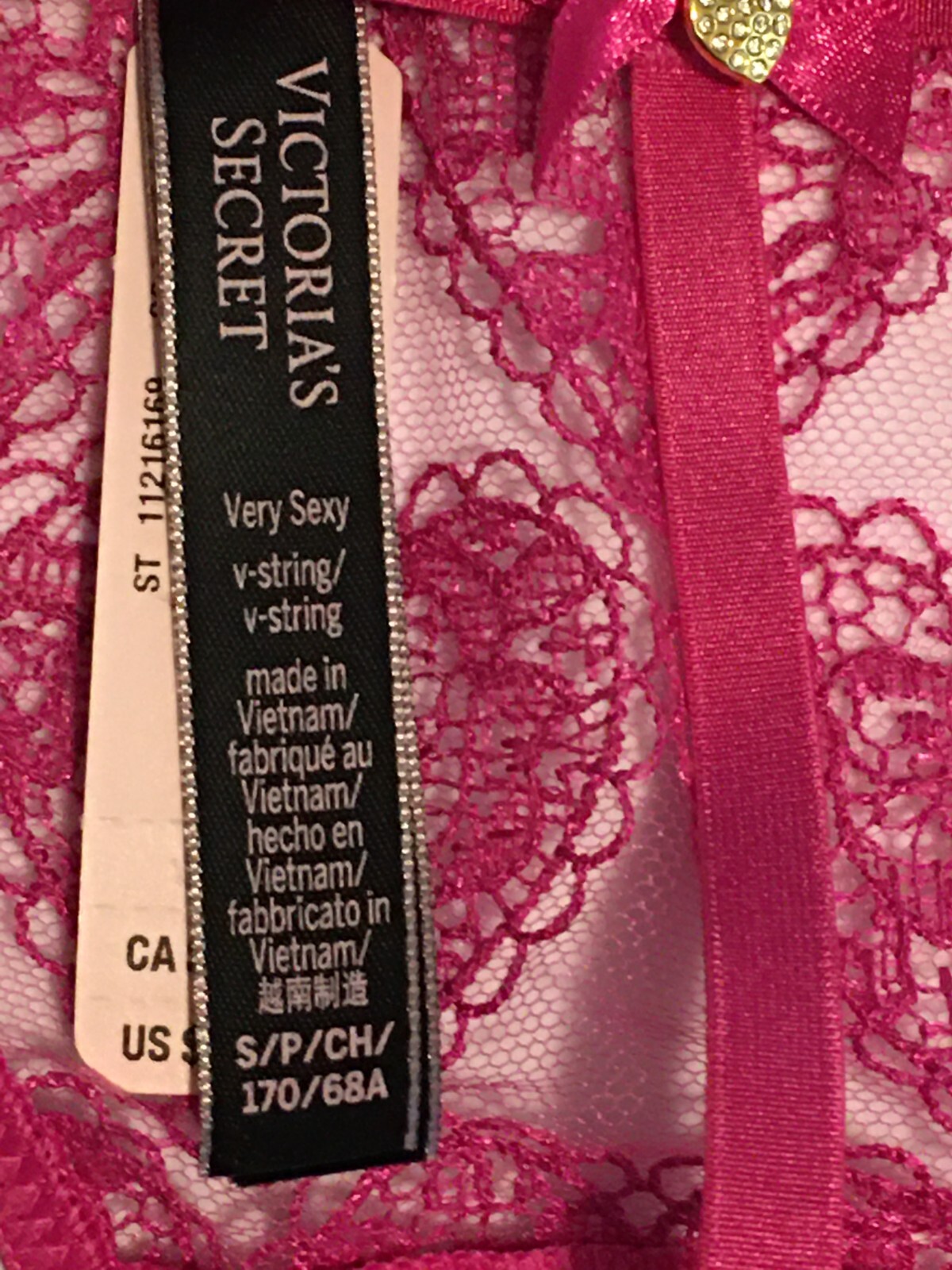 Victoria’s Secret Pink Heart Embroidery V-String Panties Size S Heart Charm Back