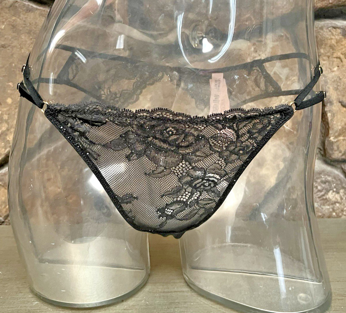 Victoria’s Secret Lace Shimmer OPEN BACK Brazilian Panty Sz M Black NWT$18.95