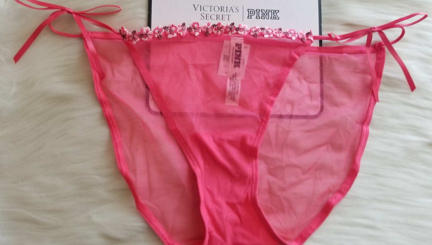 VICTORIA’S SECRET PINK WINK STRING BIKINI PANTY HIBISCUS EMBROIDERY LARGE PINK