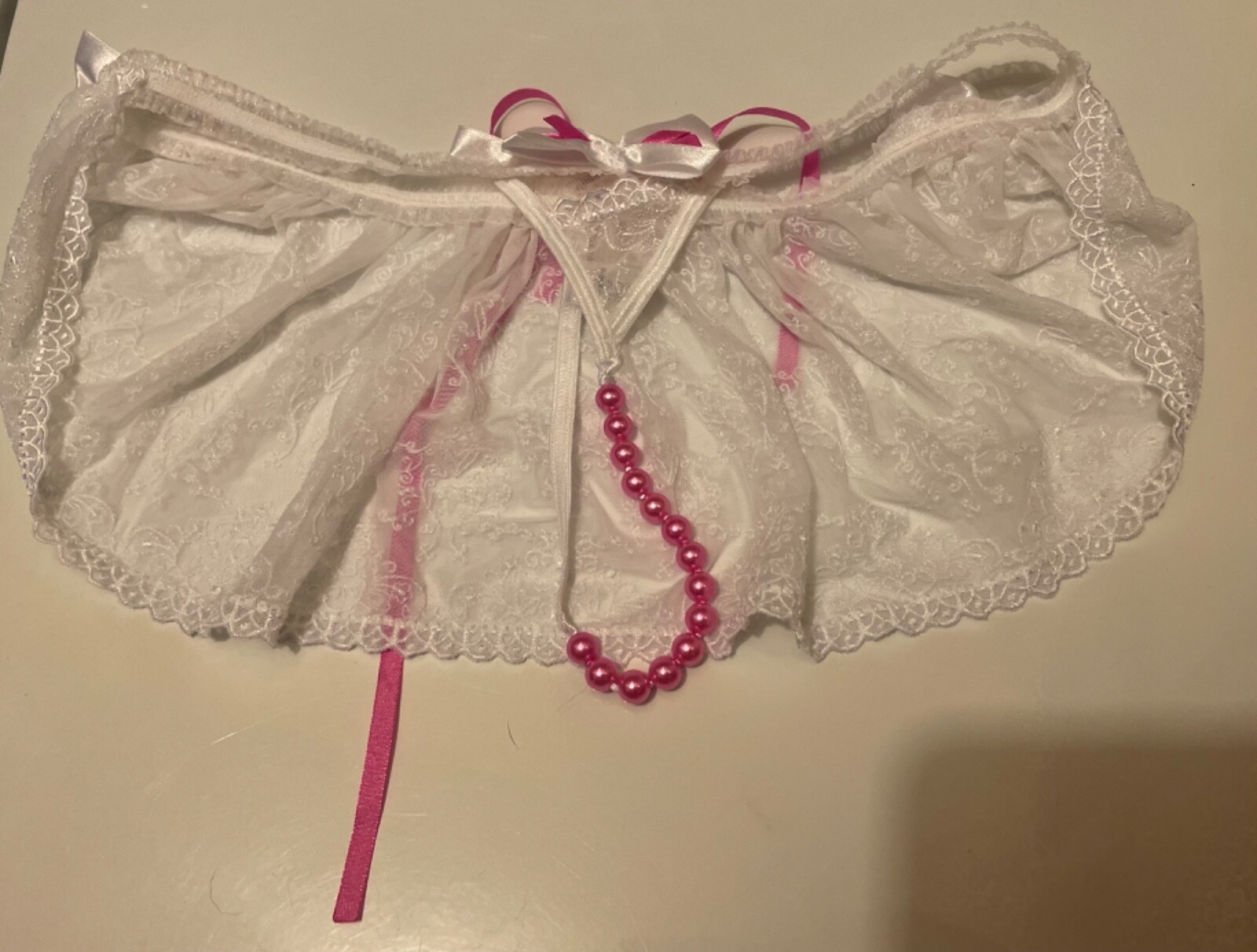 TITLION Crotchless Thong w/Pearls White Shear With Silky Bows & Ribbons..