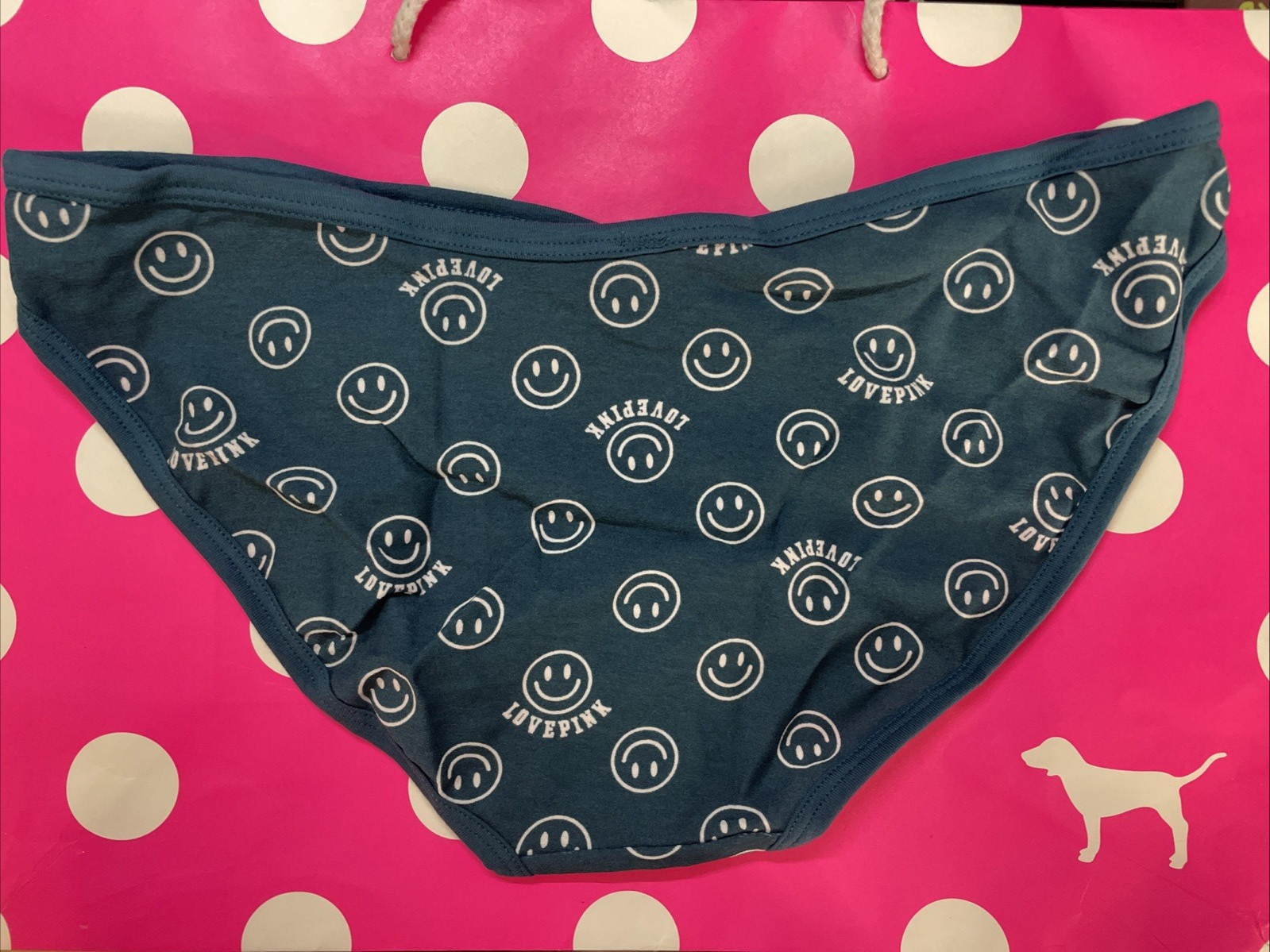 2021 Victoria’s Secret PINK V Front Bikini Panties L Smiley Faces Teal NEW