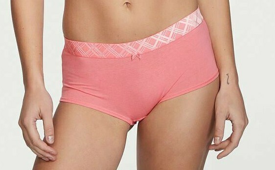 L Soft Coral Pink Cotton Victorias Secret Velvet Plaid Bow Waist Boyshort Panty