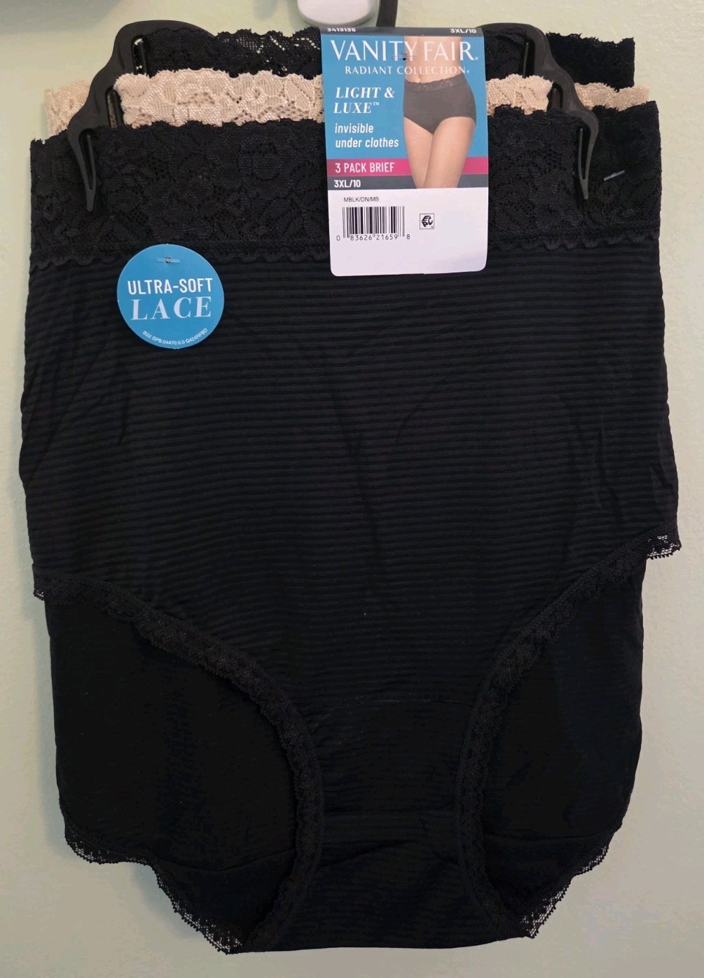 Vanity Fair Women’s 3XL 10 Light & Luxe 3 PACK Brief 3413135 BLACK BEIGE Lace