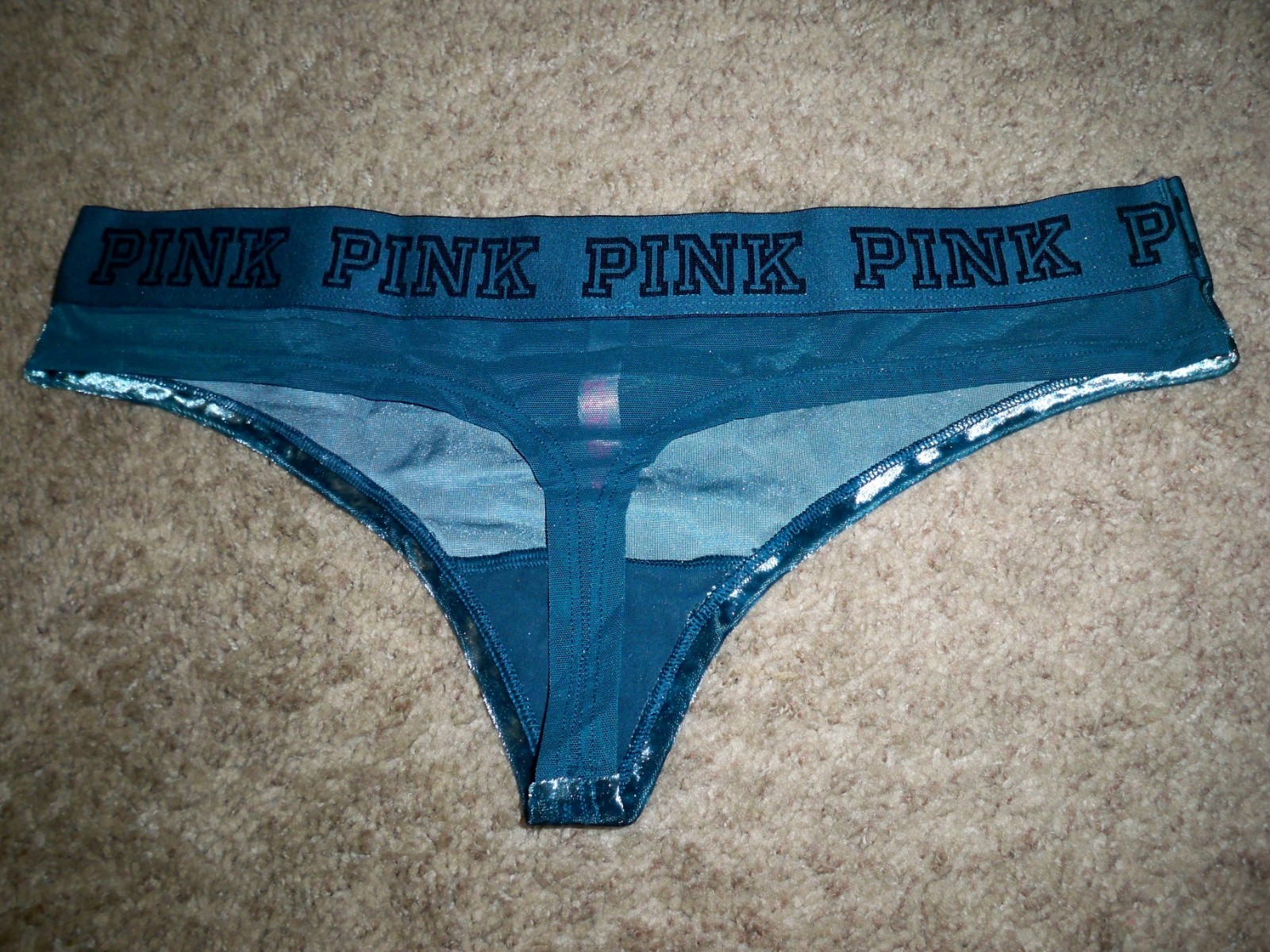 VICTORIAS SECRET THONG VELVET TEAL BLUE LARGE NEW