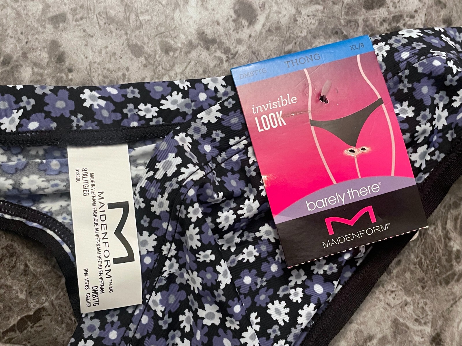 NWT MAIDENFORM XL BLACK BLUE GRAY FLORAL SMOOTH BARELY THERE THONG PANTIES
