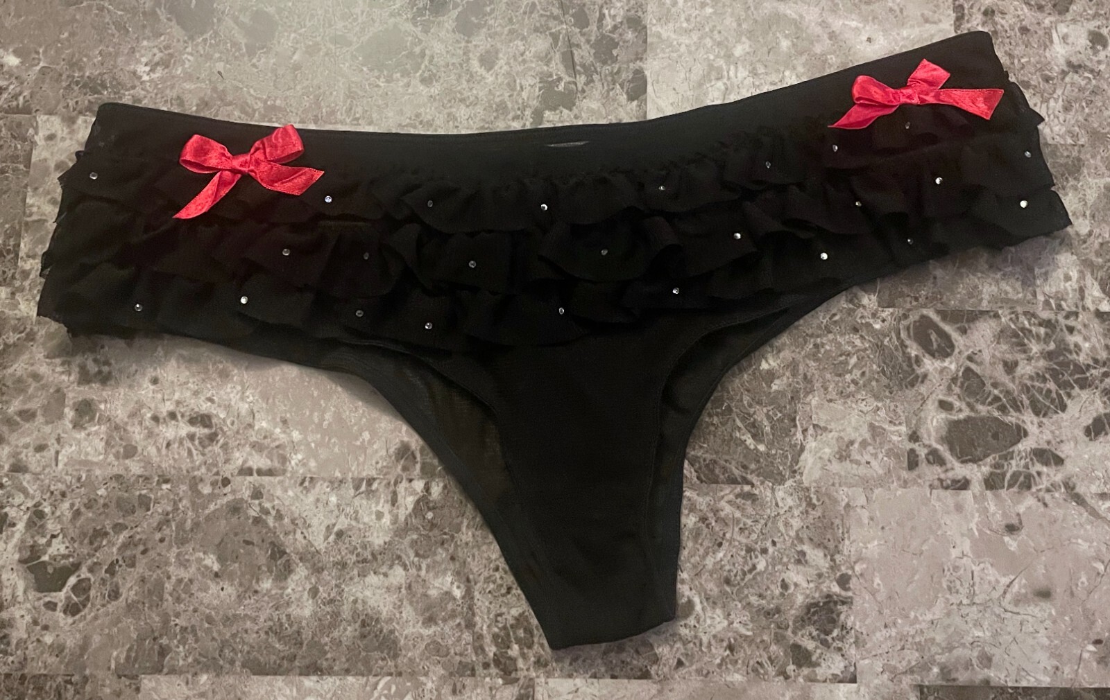 VICTORIA’S SECRET SEXY LITTLE THINGS L BLACK MESH RUFFLE VINTAGE RARE PANTIES