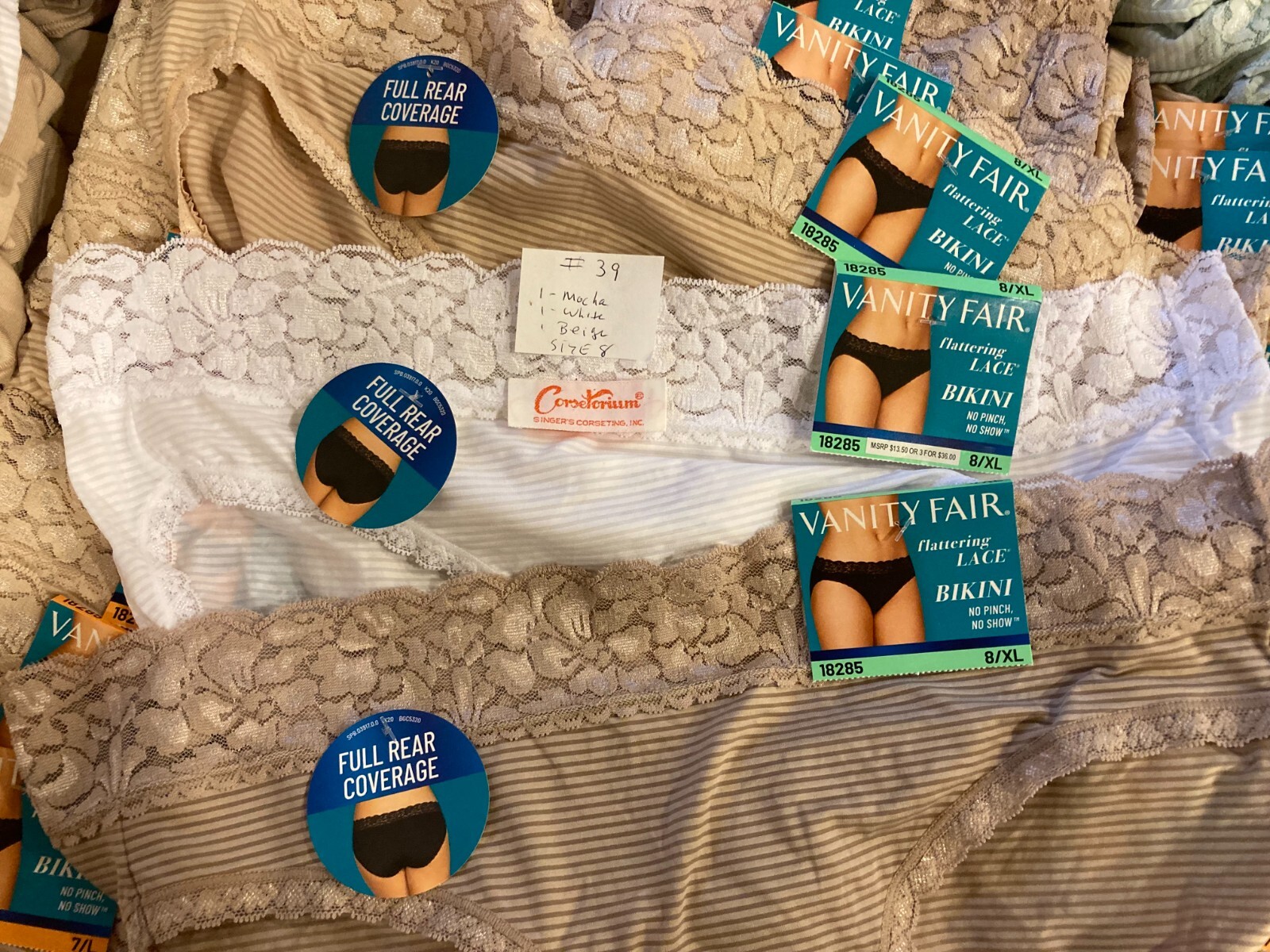 Lots 3 or4 pairs Vanity Fair 18285 Flattering Lace Bikini Panty sizes 6,7,8 NWT
