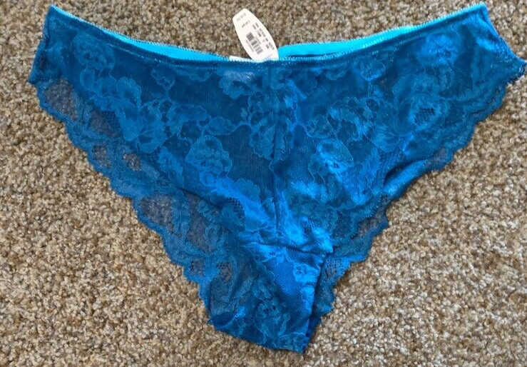 NWT VICTORIA’S SECRET L NEON BLUE FLORAL SCALLOP LACE LOGO RARE BIKINI PANTIES