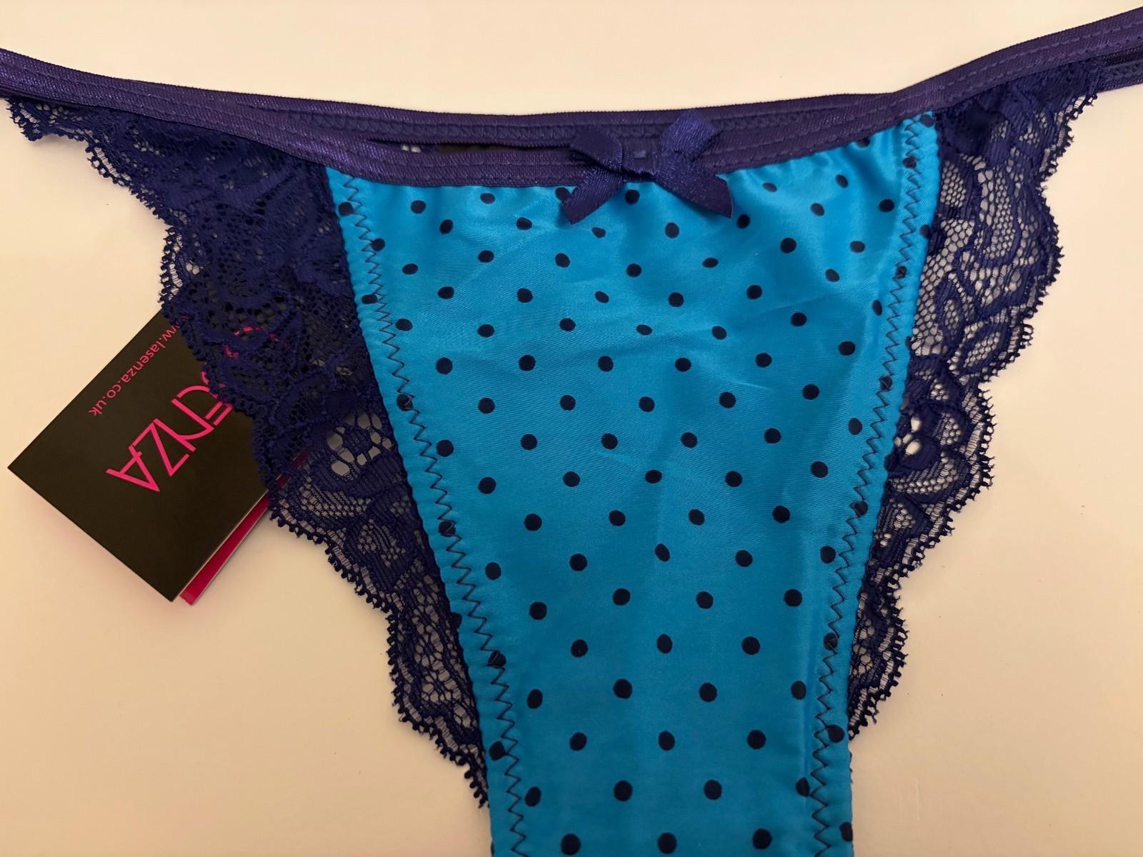 Bnwt La Senza Satin Lace Thong 8 10 12 14 16 Navy Turquoise Spot Print