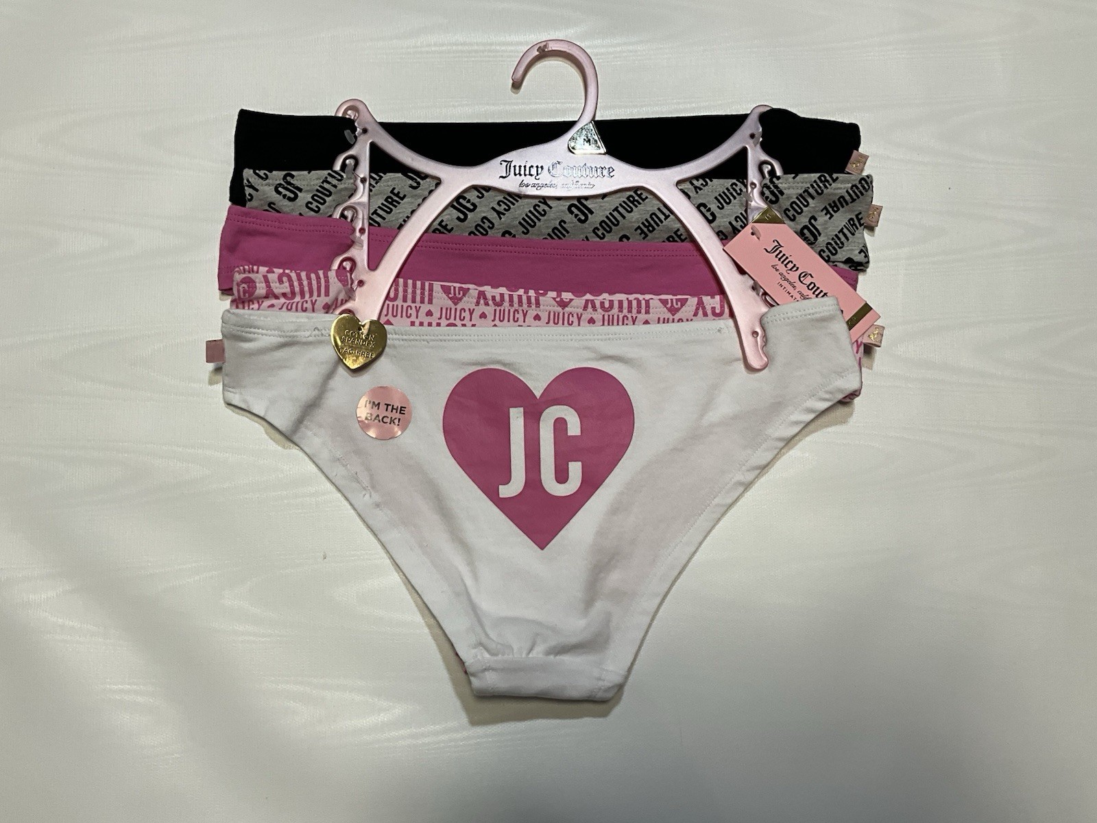 NWT Juicy Couture Medium 5 pck Panties Underwear Pink Black Grey White Heart
