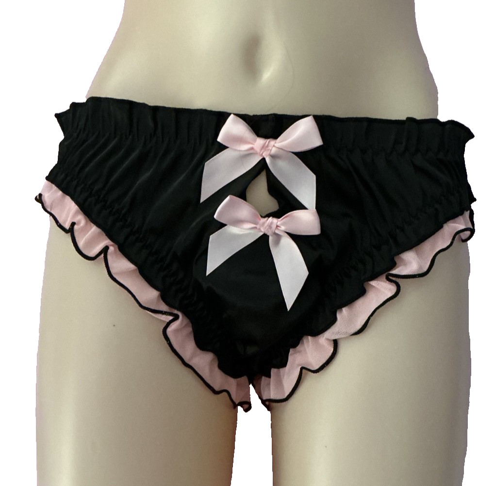 Women’s Kawaii Lolita Black Second Skin Satin Pink Bows Sissy Bikini Panty XL