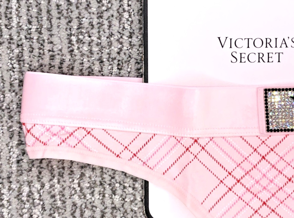 Victoria’s Secret NWT Large Pink Plaid Shine Patch Thong Panty Logo Rhinestone