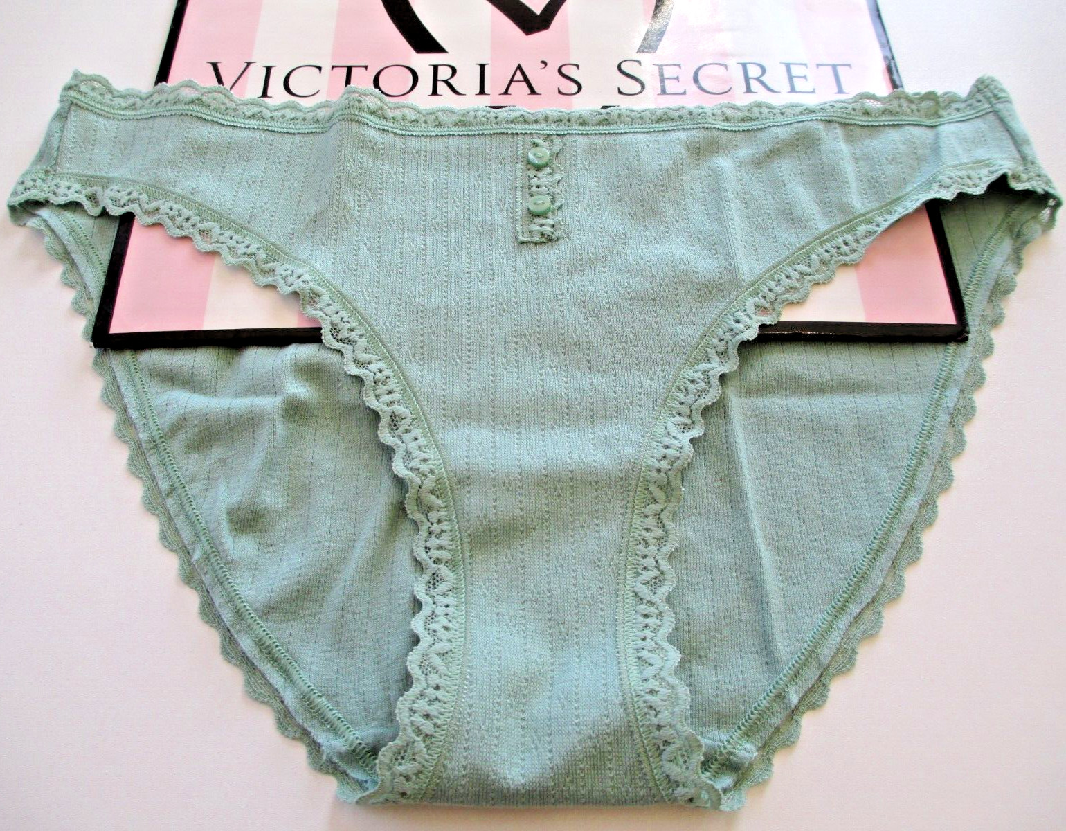 VICTORIA’S SECRET Cotton Bikini Panty S L XL Green VS Button Lace Trim Pointelle