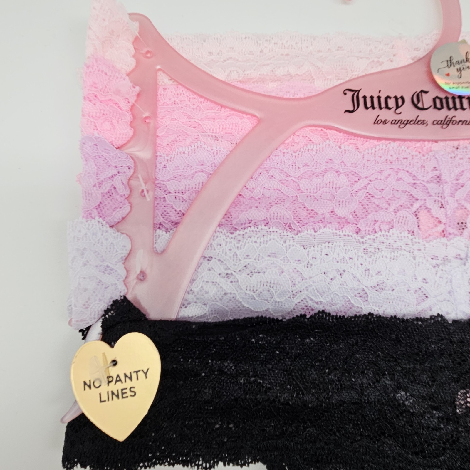 JUICY COUTURE 5 Pack Women’s M L Lace Rhinestone Logo Thong Pink Lilac Black