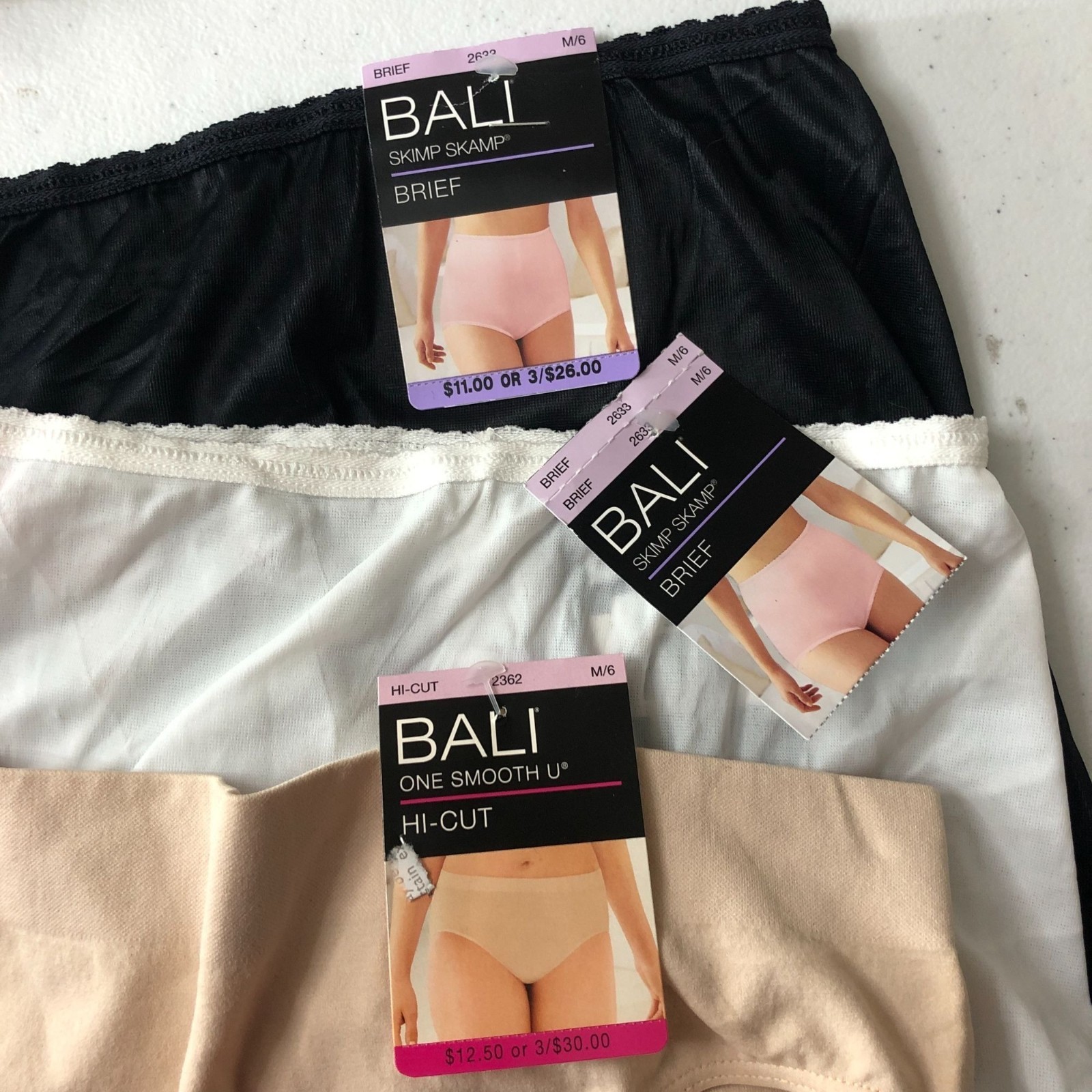 Bali Panties 3 Pair Skimp Skamp Brief One Smooth U Hi-Cut Black White Beige M