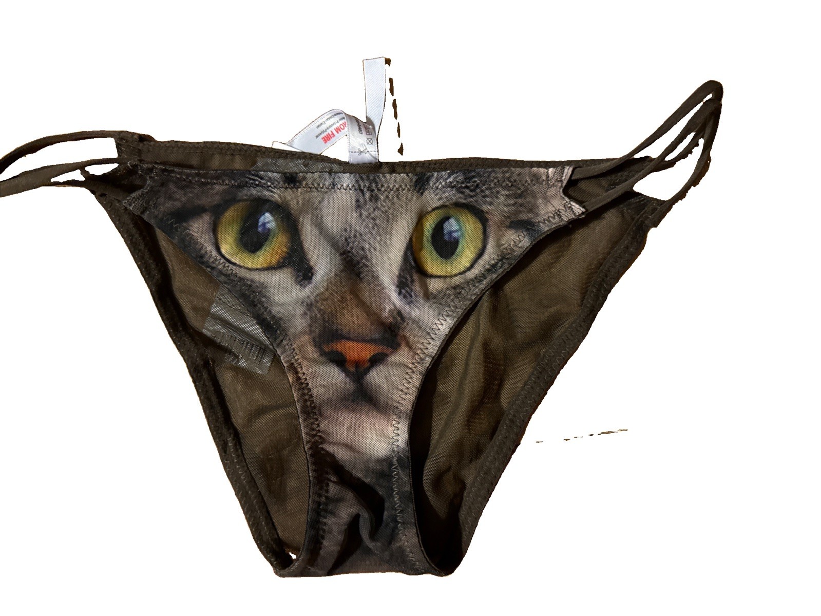 New Kitty Flirty Big Cat Eyes Face Graphic Bikini Rise Mesh Panty Olive Green S