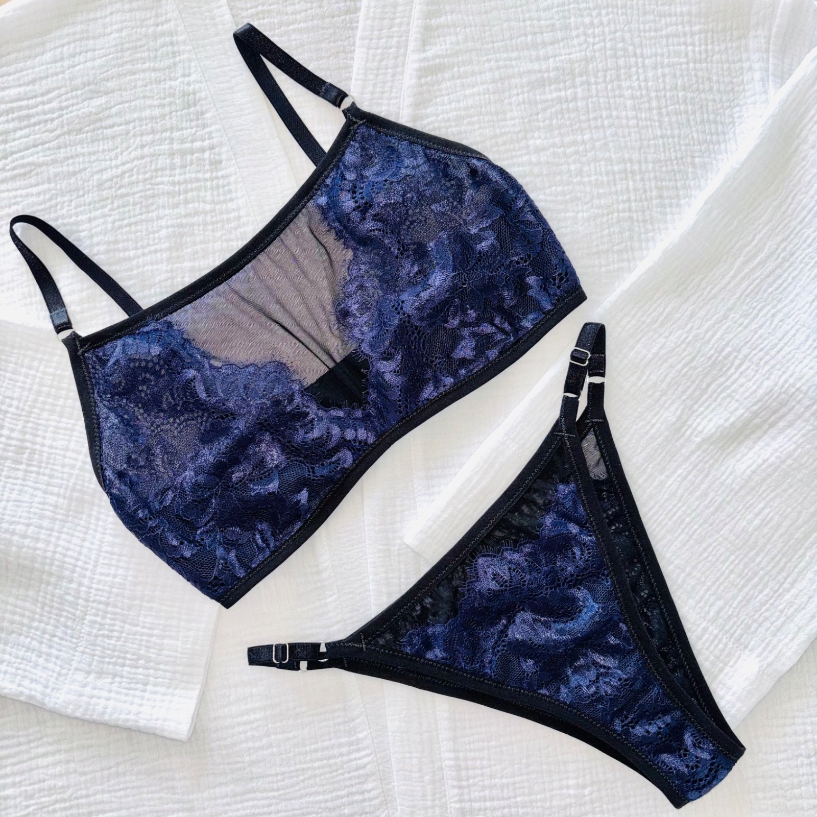 BLUE Lace UNDERWEAR Set SHEER Black SISSY Mesh Vintage LINGERIE Bikini BRIEF S M