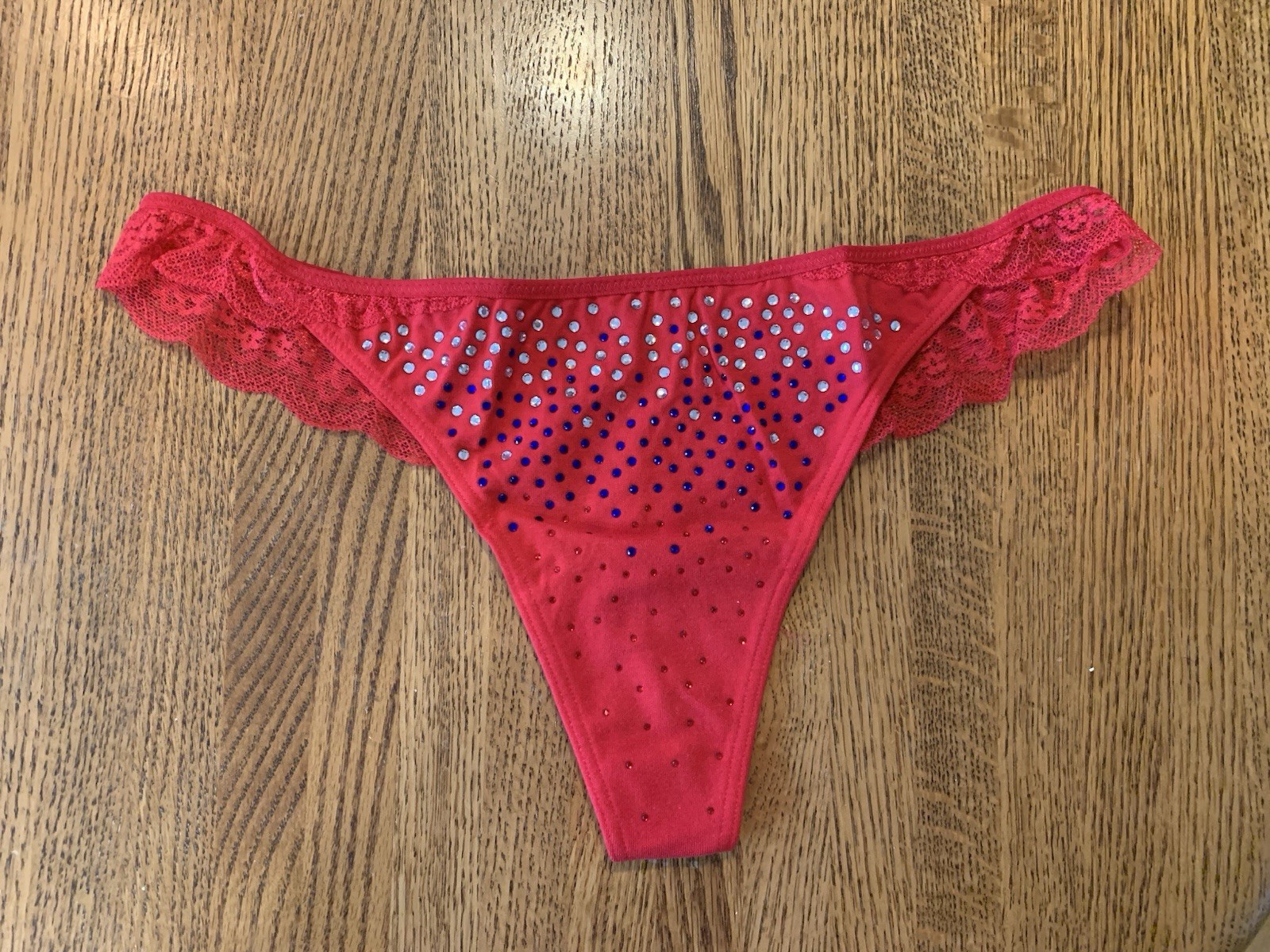 NWT VICTORIA’S SECRET PINK L RED LACE BACK LOW RISE THONG BLING PATRIOTIC RARE