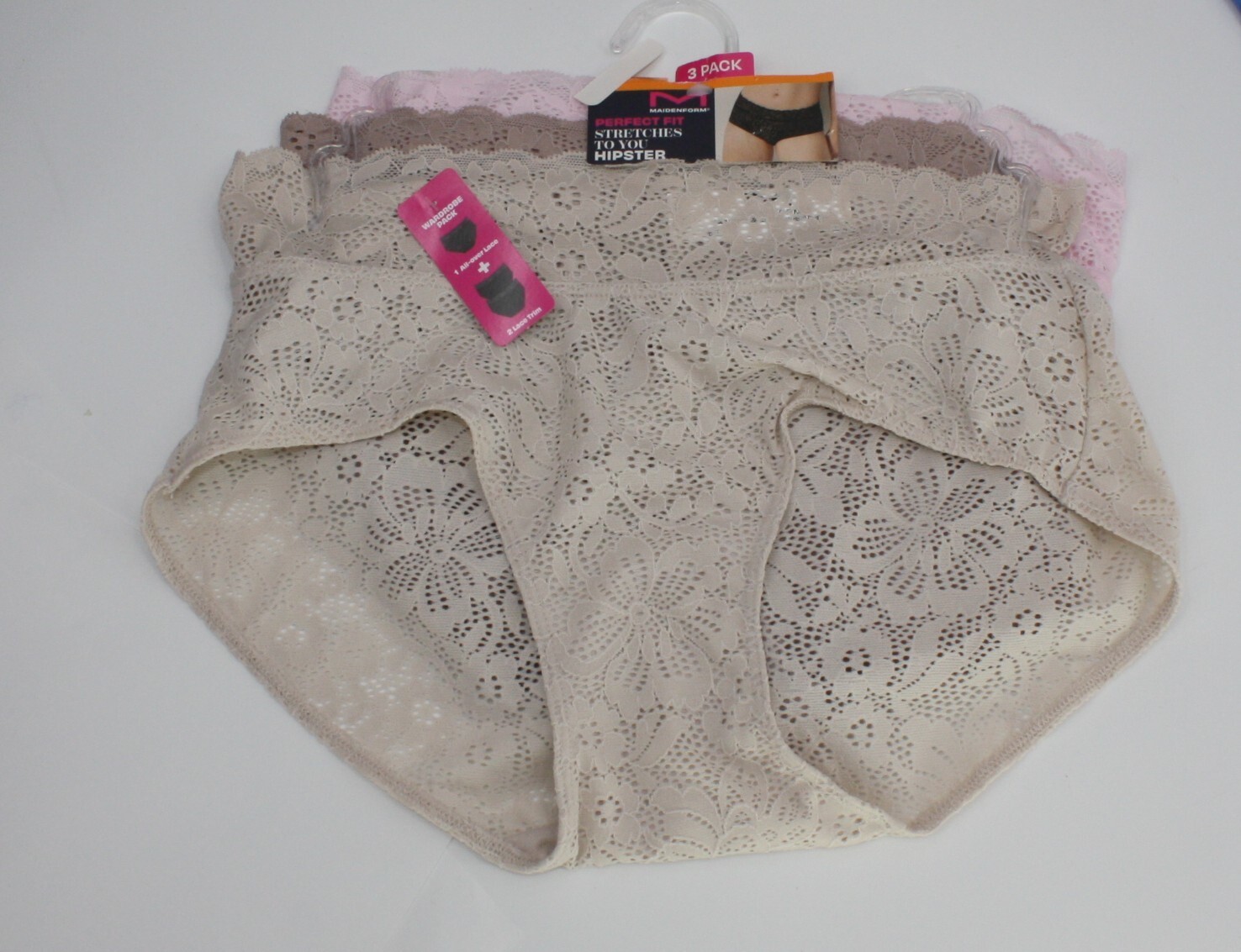 NWT set of 3 MAIDENFORM perfect fit HIPSTER panties LACE BEIGE MOCHA PINK