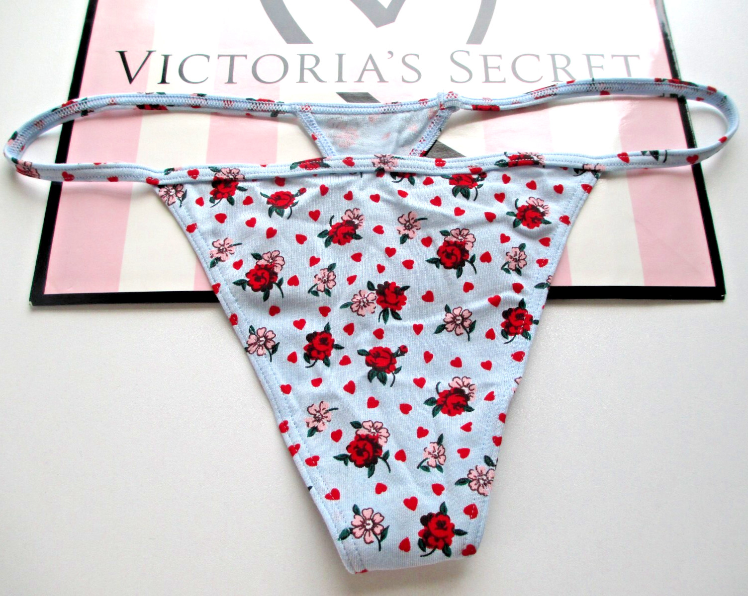 VICTORIA’S SECRET Cotton V-String Thong Panty VS Blue Floral Red Hearts S M L XL