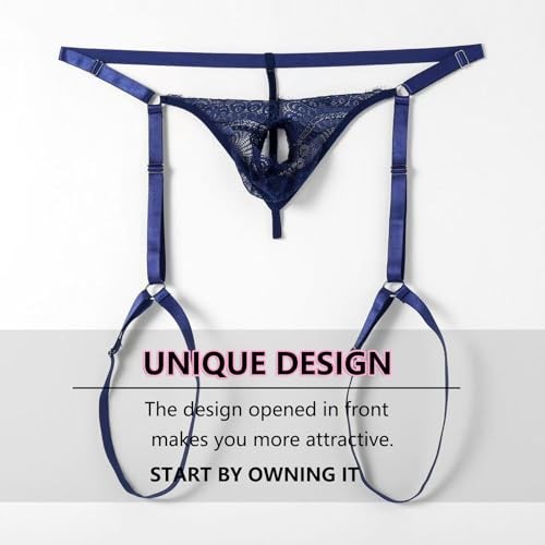 Men’s Lace Underwear Sexy thong Sheer Pouch Garter Panties Open in front Black