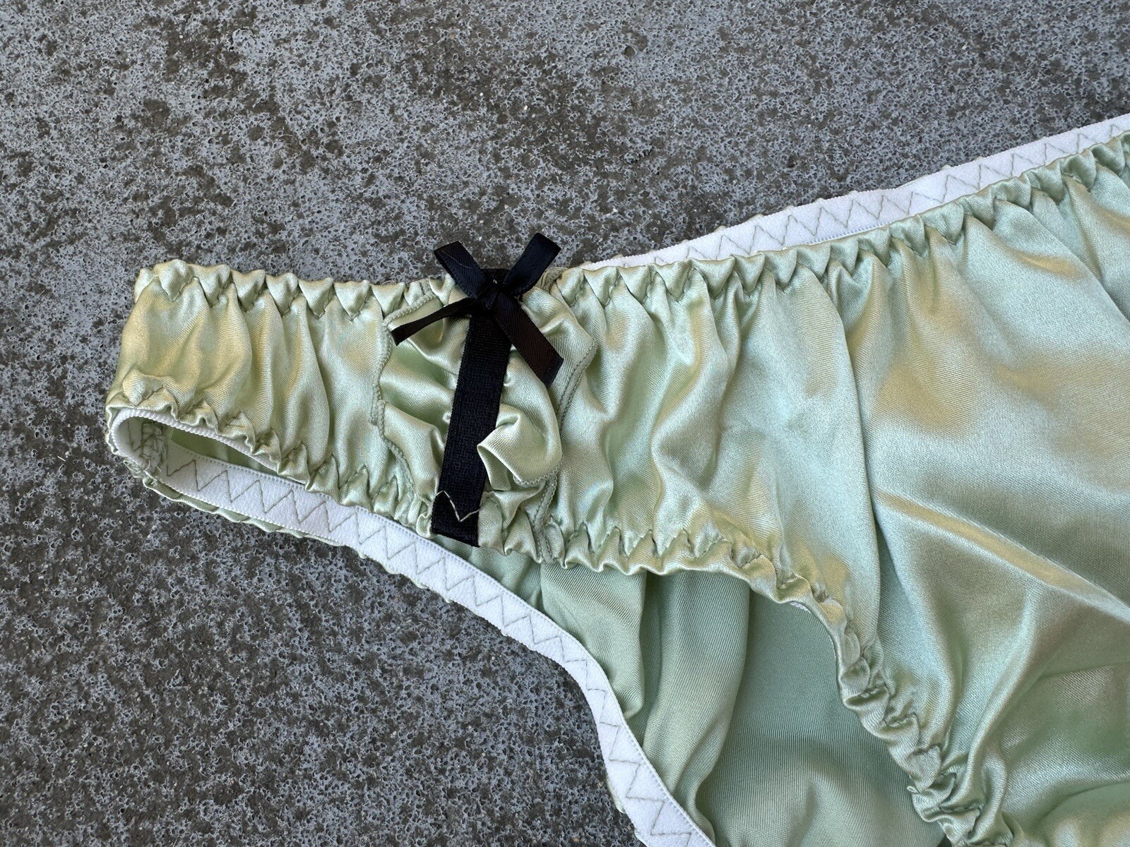 Light Moss Green Silky Satin Bikini Panties Ruffle Black Side Bows Sz XL