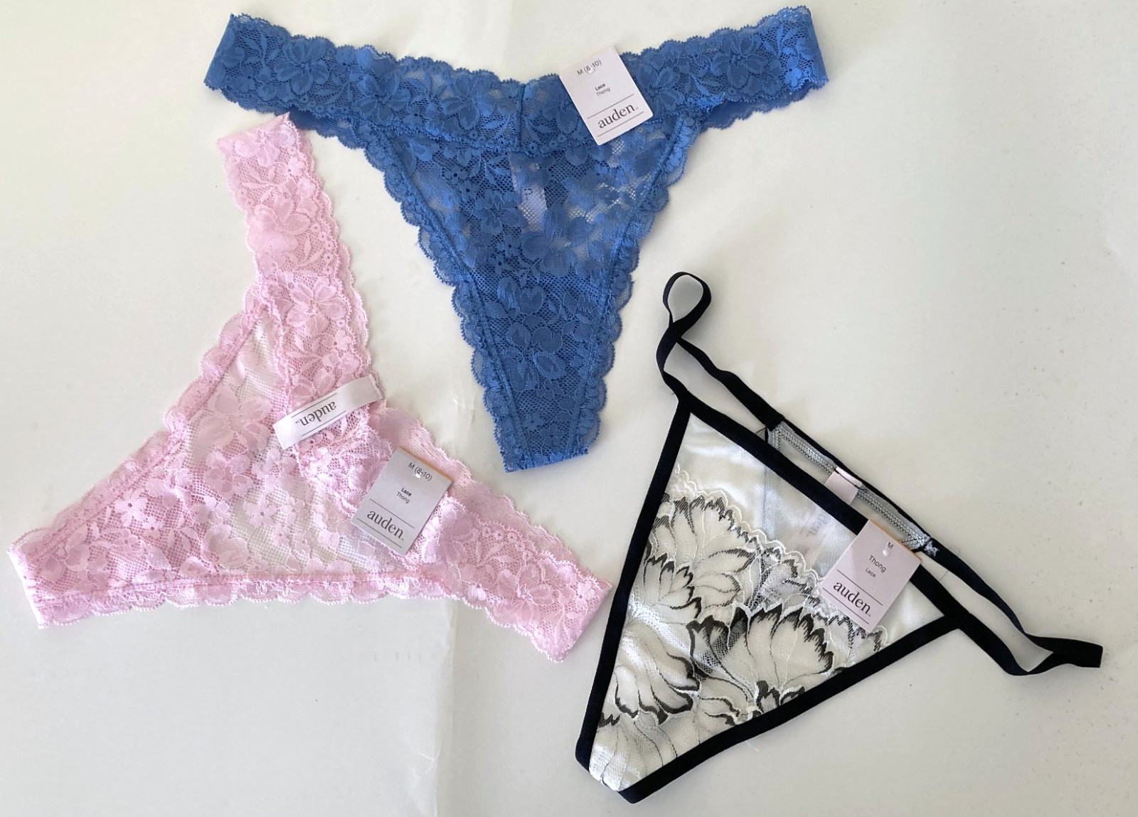 Lot 3 Auden Lace Thong Panties Sz M Pink Blue Black & White New w/ Tag