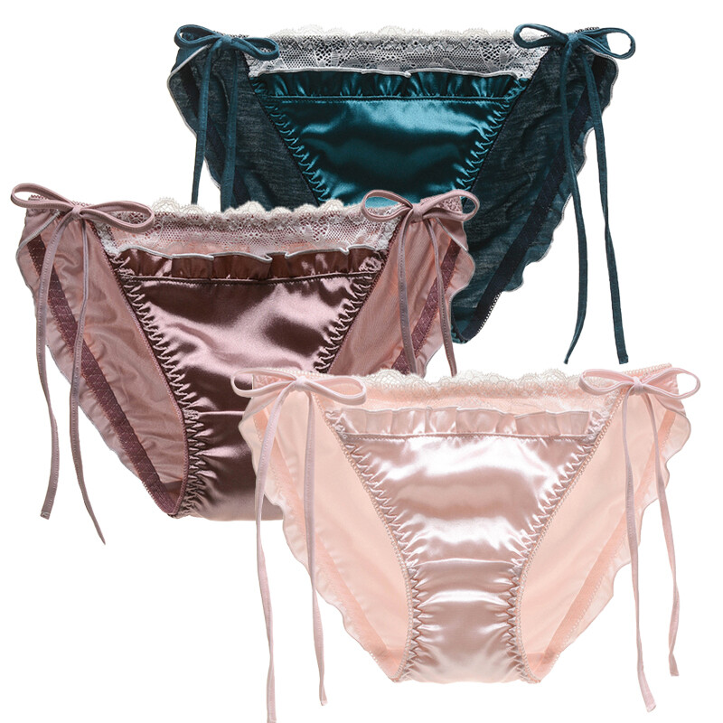 Sexy Womens Satin Briefs Ladies Lace Trim Underwear Lace-up Pleated Panties