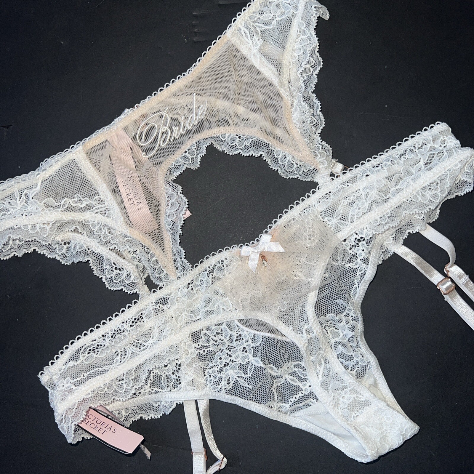 Victoria’s Secret S THONG+panty+GARTER BEIGE WHITE FLORAL EMBROIDERY I DO BRIDE