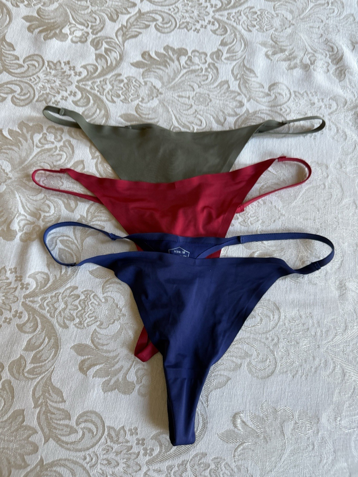 3 Pair No Show Silky V String Thong Panties Medium Green Navy Blue Burgundy