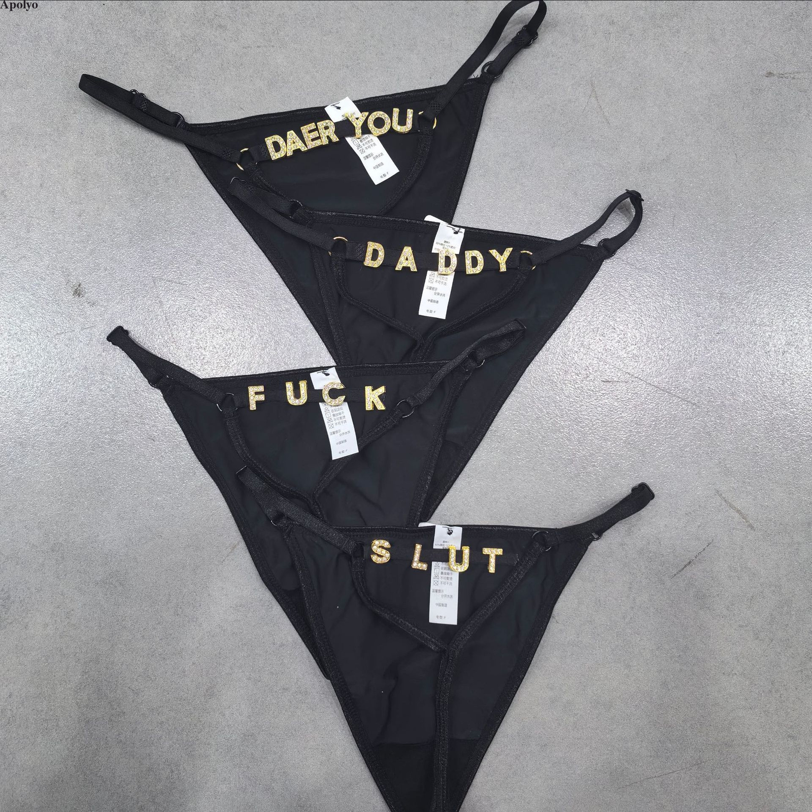 Sexy Women Thongs Shiny Crystal Gold Letter Elastic Band Thong Panties Underwear