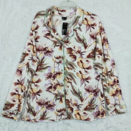 Felina Pajama Top Womens White Multicolor Floral Stretch Collared Button XL New
