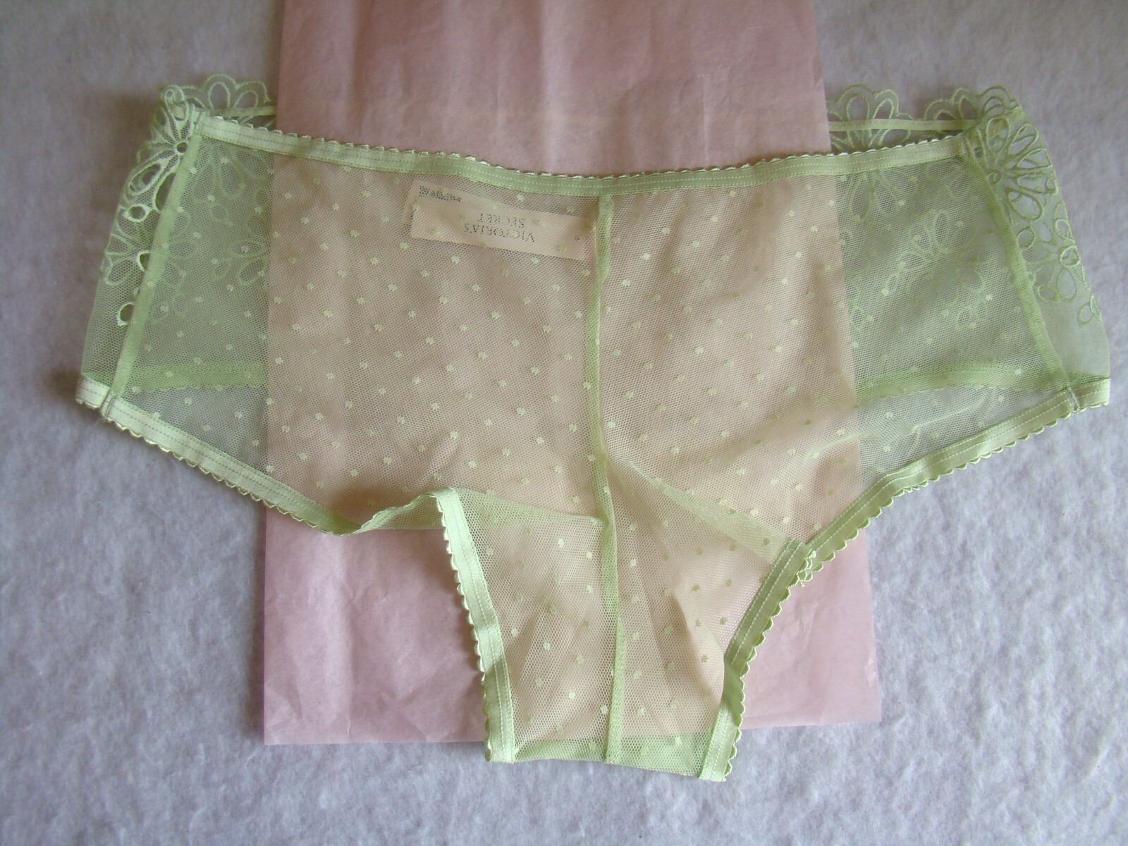 New Victoria’s Secret Green Floral Lace Mesh Back Polk Dots Cheeky Panty