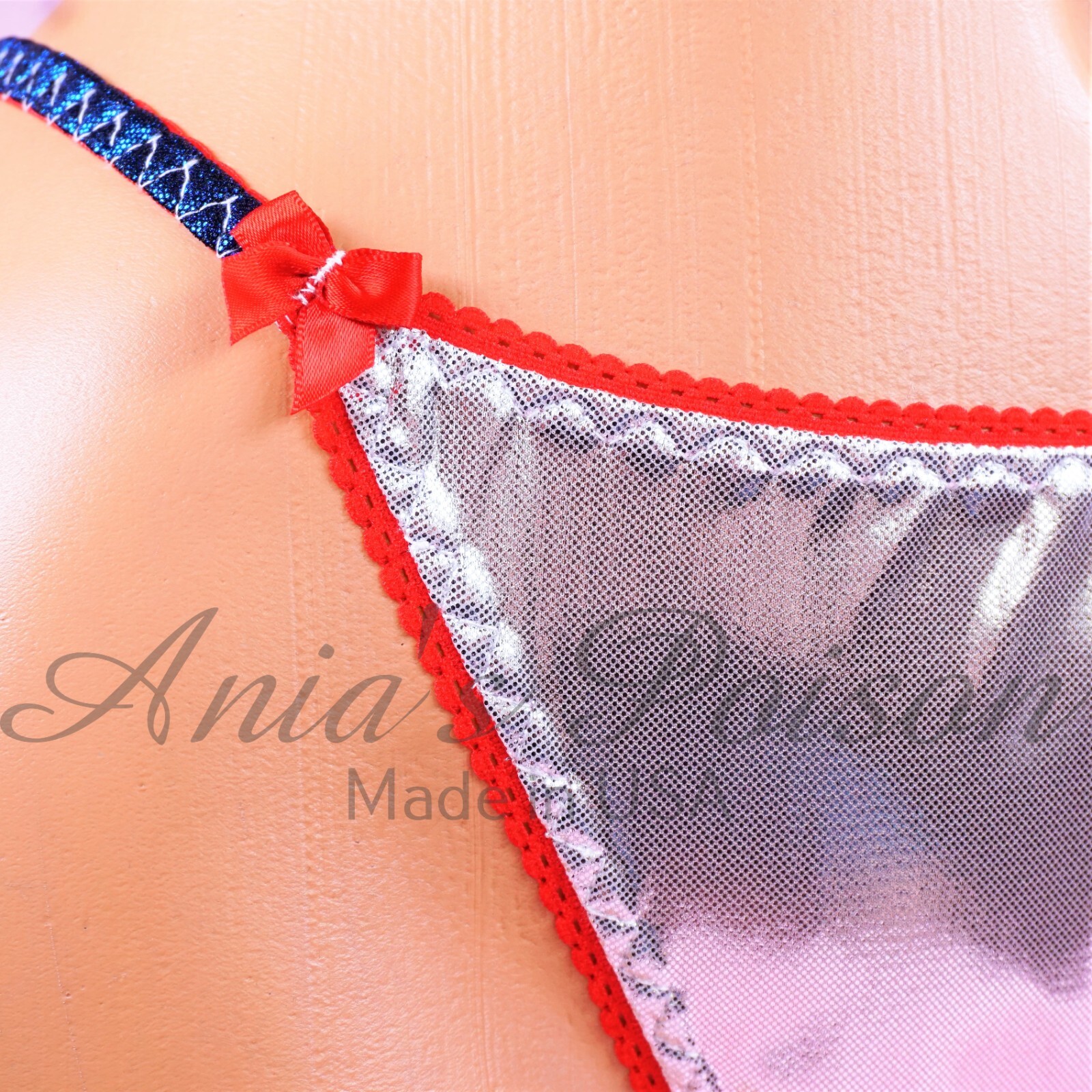 July 4th satin Metallic Foil Sissy DUCHESS CUT ladies string bikini panties 5-9