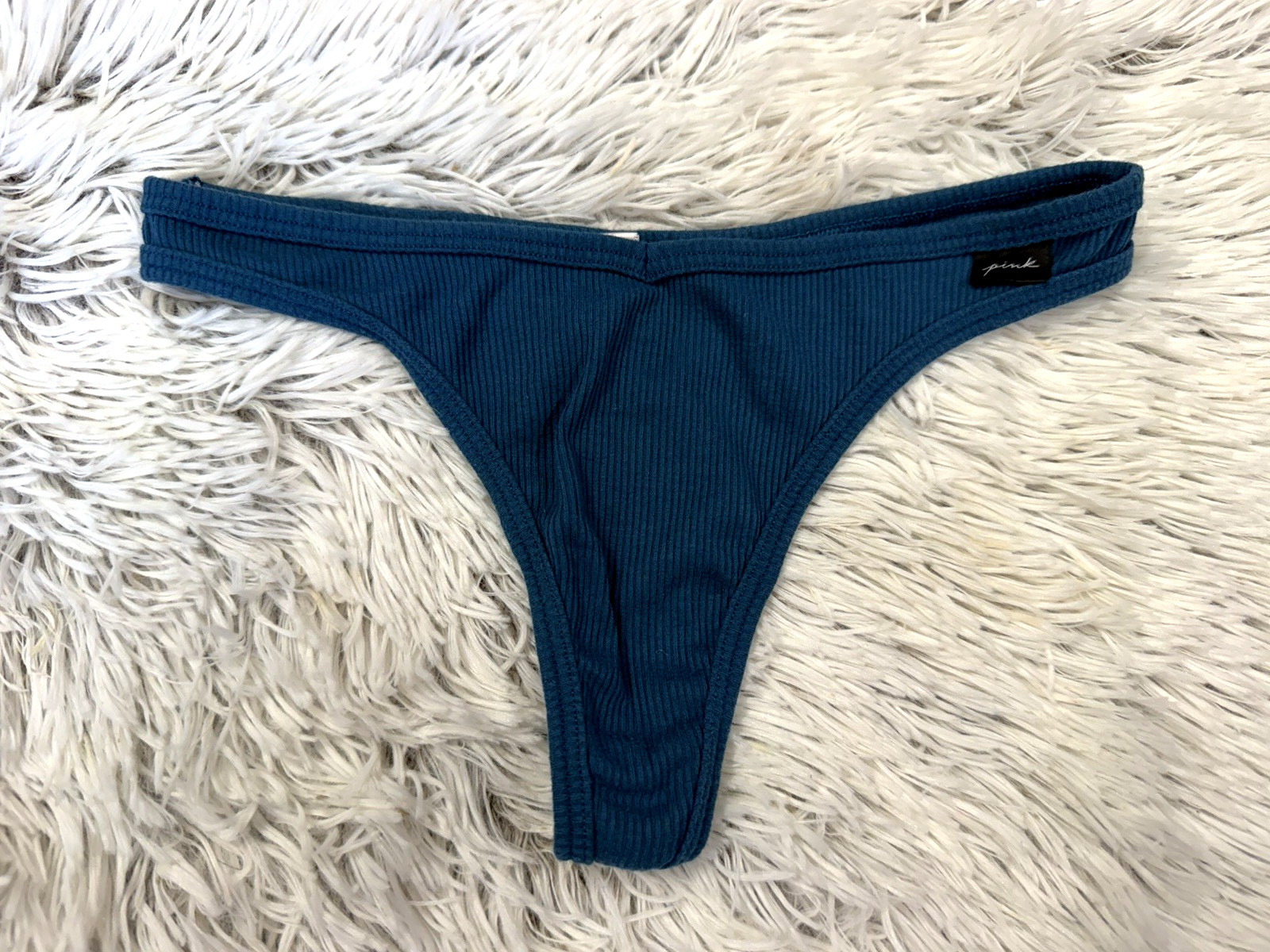 VICTORIA’S SECRET PINK BLUE RIBBED KNIT LOGO Sz SM LEG THONG PANTIES COTTON