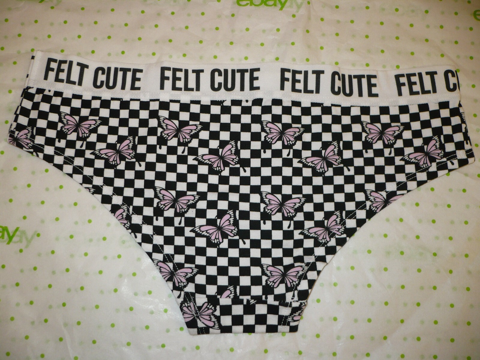 Rue 21 Women’s Bikini Panties MEDIUM Felt Cute Pink Butterfly Check Print New